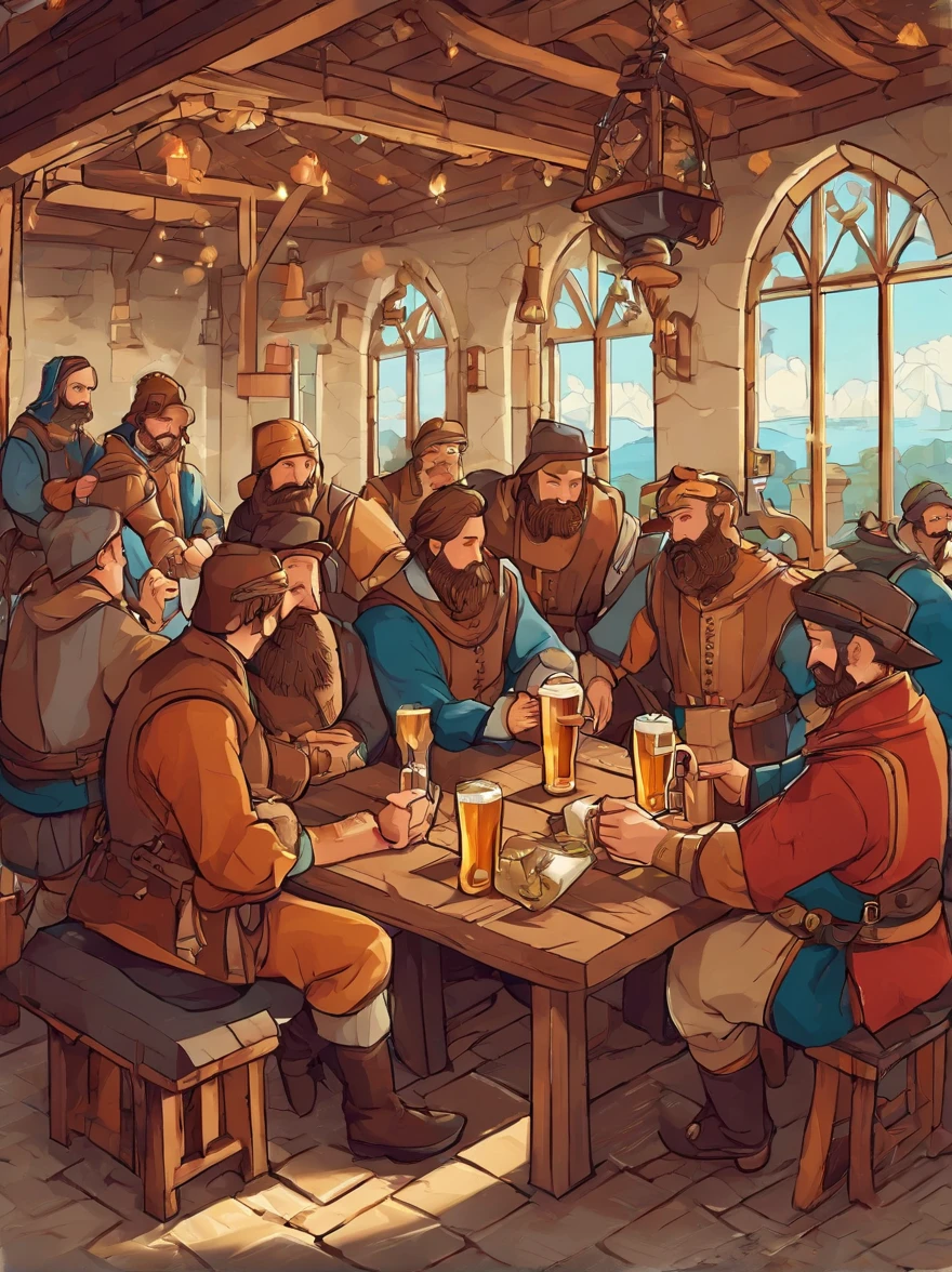 A group of bearded and mustachioed men in medieval Europe drinking beer in a tavern, long shot, 8k resolution , masterpiece