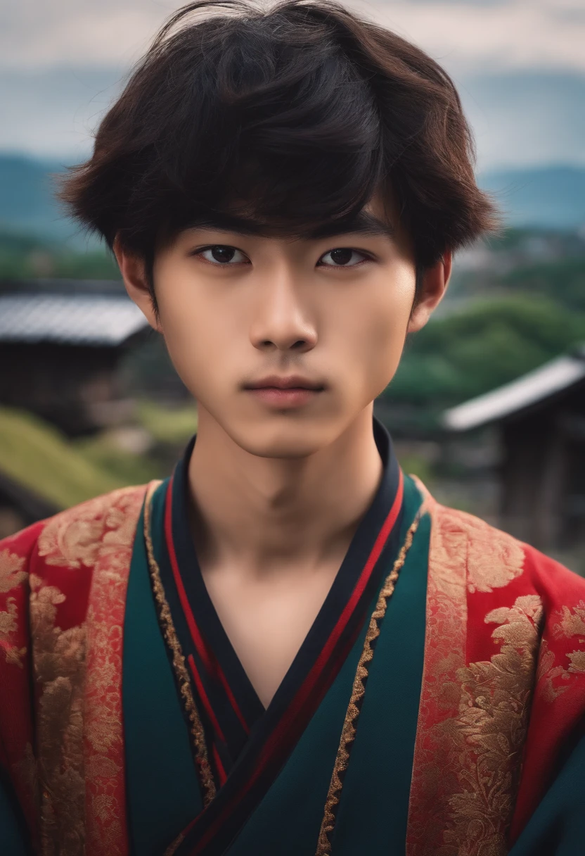 an Japanese boy, 20 years old, a village background, looking straight