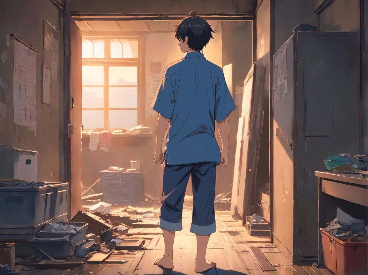 (japanes:1.2),Detailed drawing of a man in the back in clothes of poor dirty damage, Old and dirty room, darkened room.Weakened face