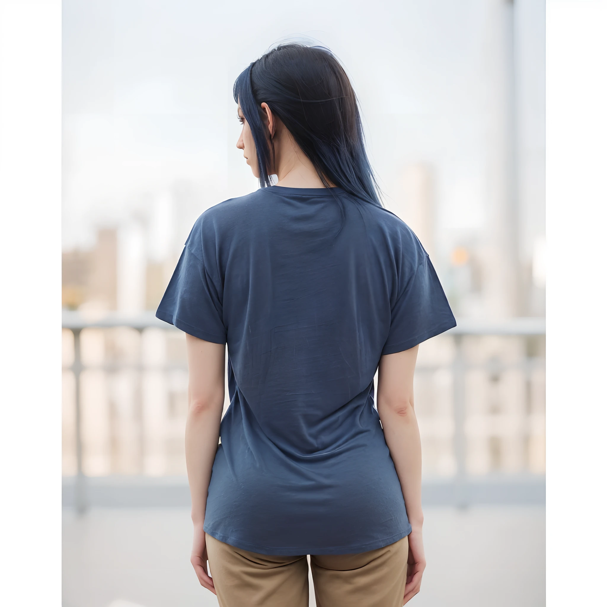 photo of 24 y.o beautiful woman, a woman wearing a dark blue t - shirt and beige pants, oversized t - shirt, posing for picture, dark blue hair, long hair, ((back view)), short sleeves, plain dark blue t shirt, bokeh, motion blur, sunlight, akihabara district background, ((perfect eyes)), ((perfect anatomy)), (non-nfsw)