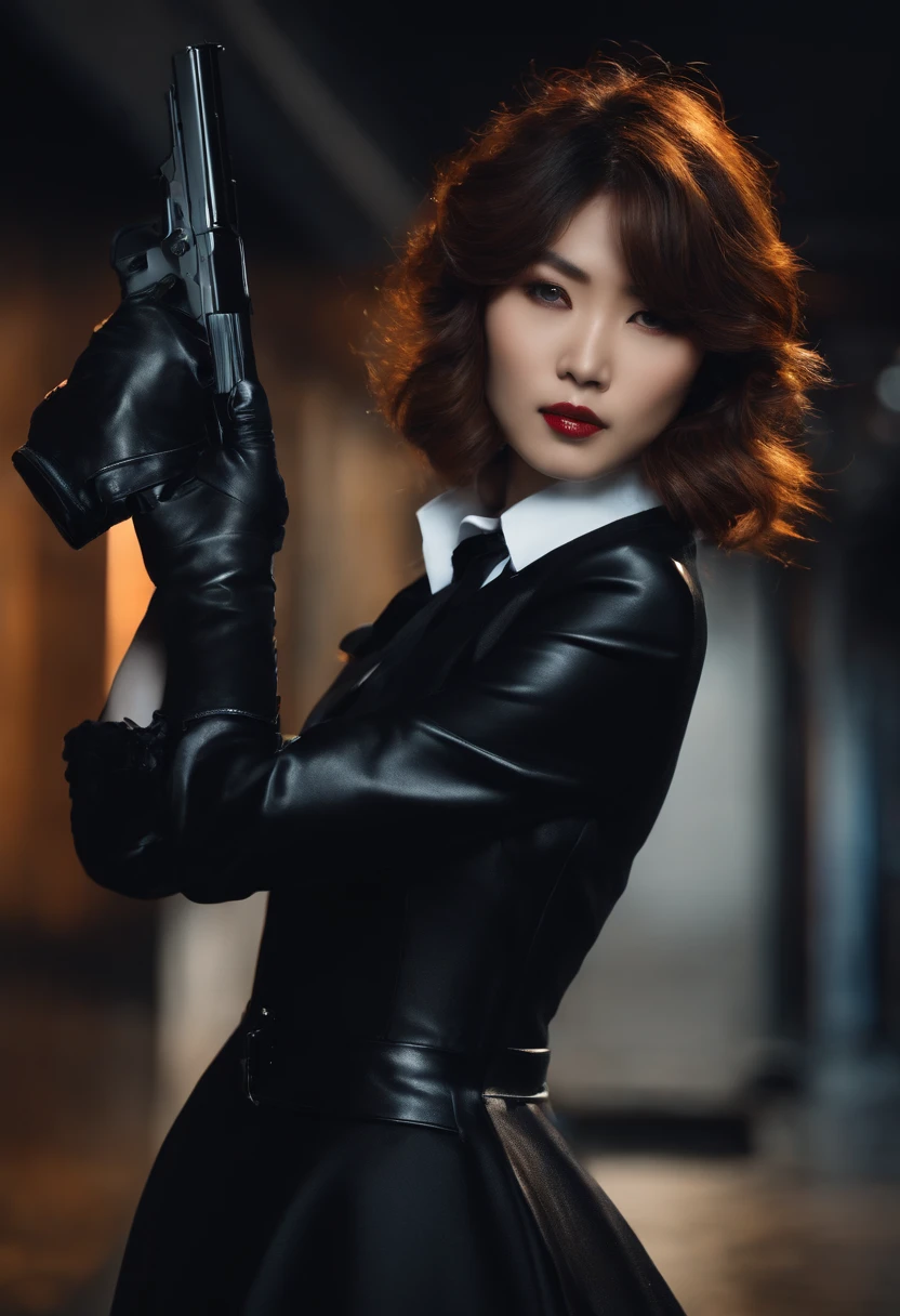 A Japanese girl in a black suit holding a gun with both hands in black leather gloves