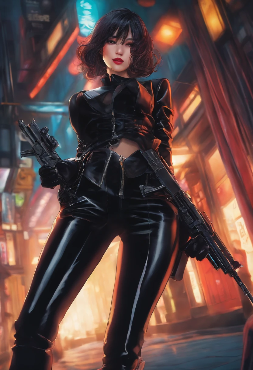 A Japanese girl in a black suit holding a gun with both hands in black leather gloves