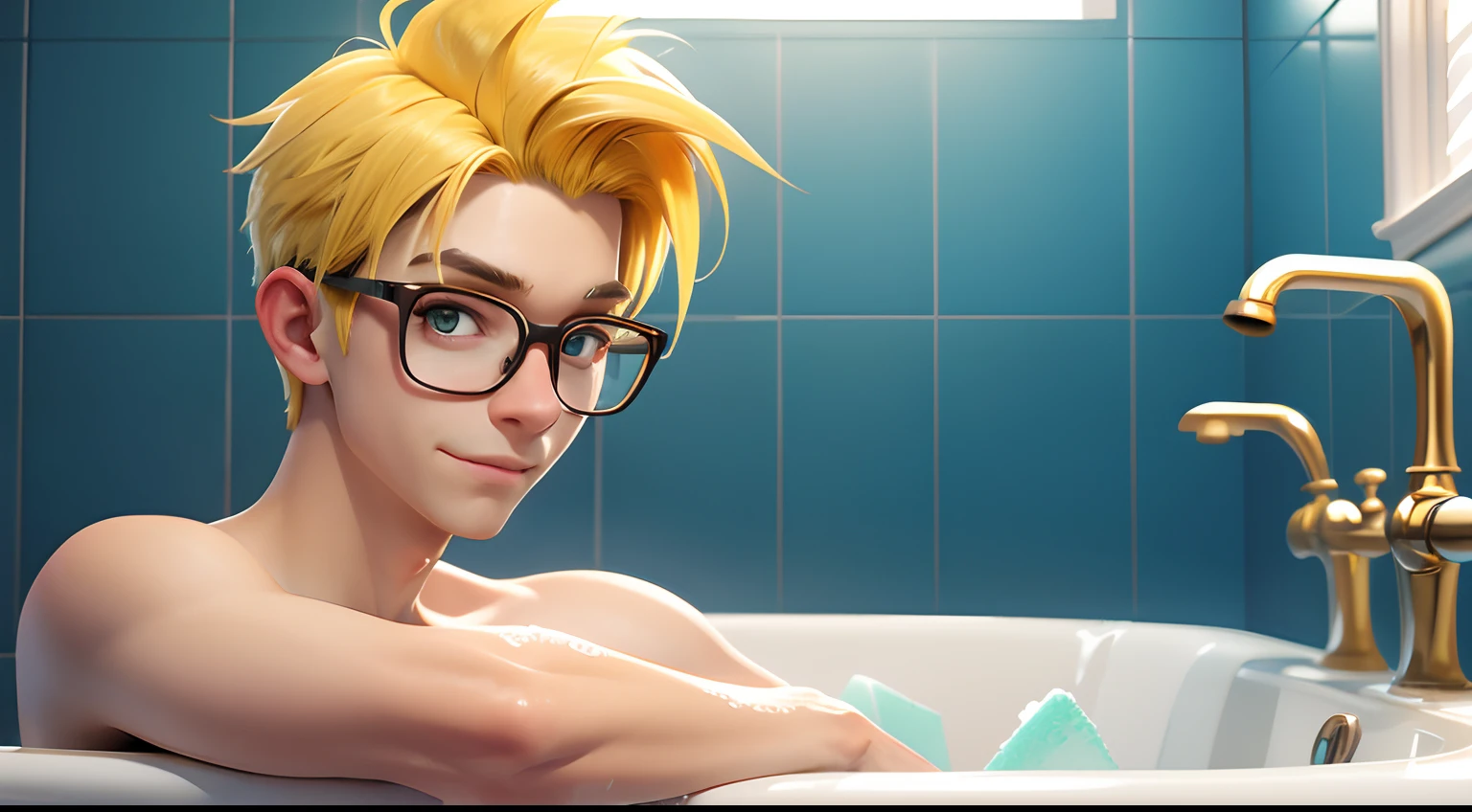 Young man with yellow hair with quiff, wearing glasses bathing in a bathtub full of soap ,happy expressionpixar disney cartoon style