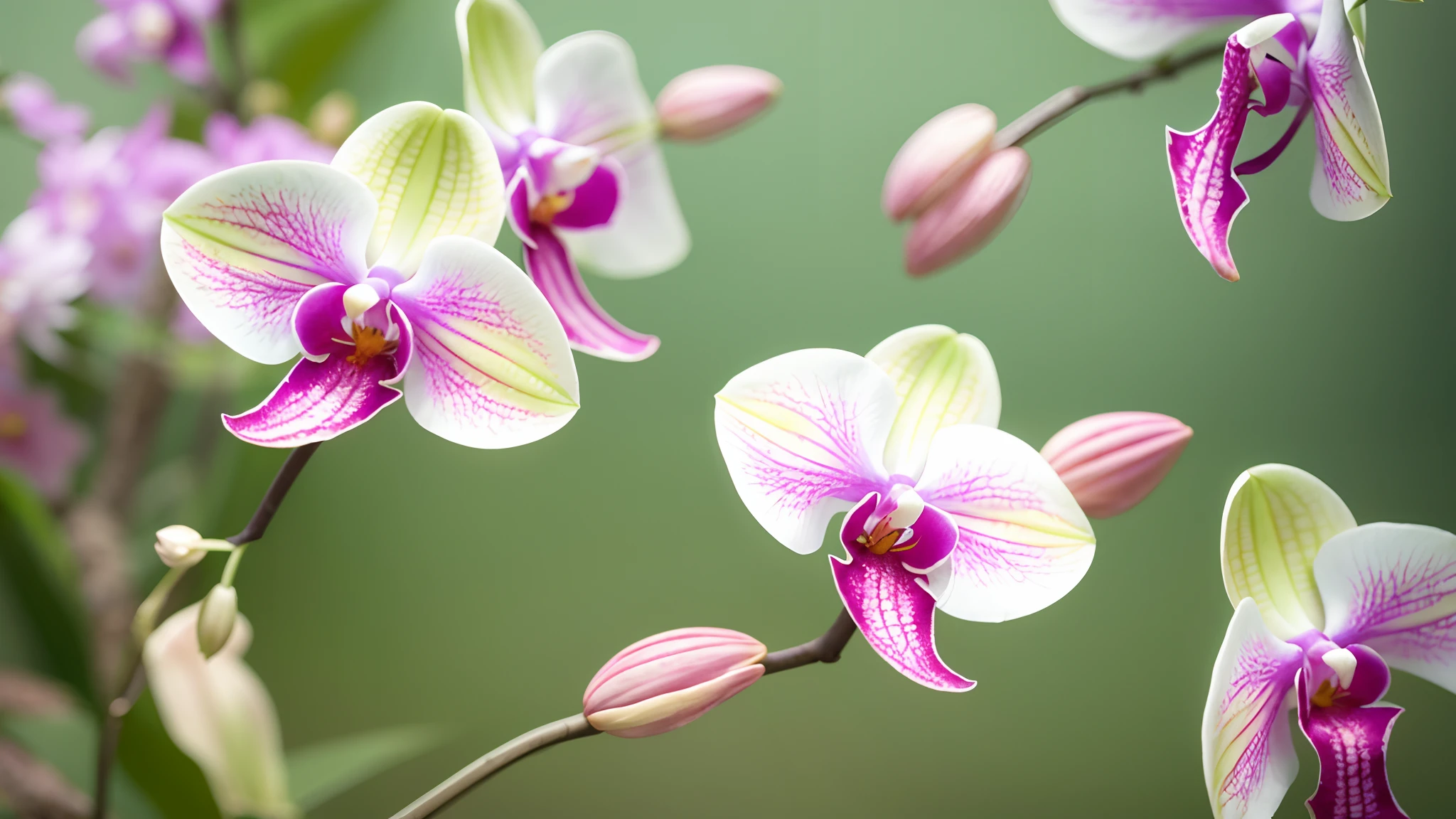 Close-up of 3 turquoise flowers ,The back has many types of orchids of different colors, blur the background , Sharp foreground , 8k, Natural reality rendering, Rendering with Povray, hoa lan xanh, Highly detailed rendering, Surreal details drawn, hoa lan, Nacre orchid, hoa lan, hoa lan, hoa lan, Giant Orchid 3D, soft, high detail, gentle, Butterfly Orchid, softly bent branches,   - --auto --s2