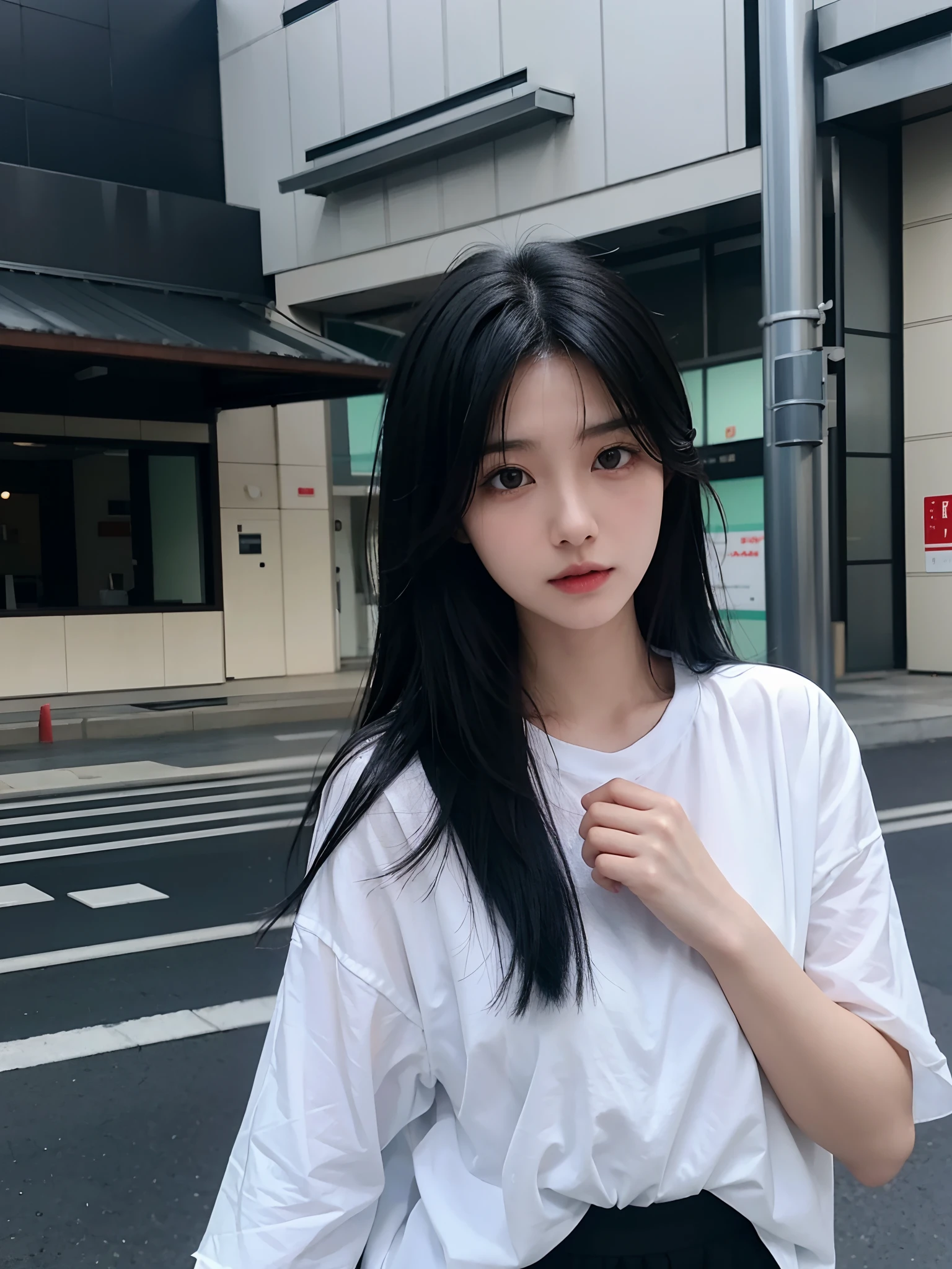 arafed woman with long black hair and a white shirt, sui ishida with black hair, chiho, ayaka, kimi takemura, shiori teshirogi, chiho ashima, yukii morita, 奈良美智, shikamimi, girl cute-fine-face