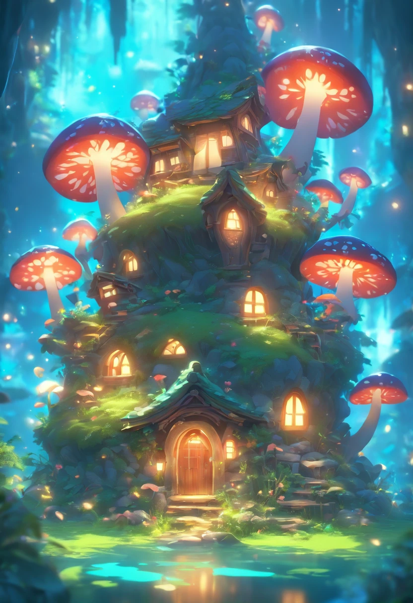 masterpiece, best quality, (extremely detailed CG unity 8k wallpaper), (best quality), (best illustration), (best shadow), A mushroom house covered with moss,timbo,creek,firefly,clover,wtarlight surrounds the room,petal, isometric 3D, octane render,ray tracing,ultra detailed,