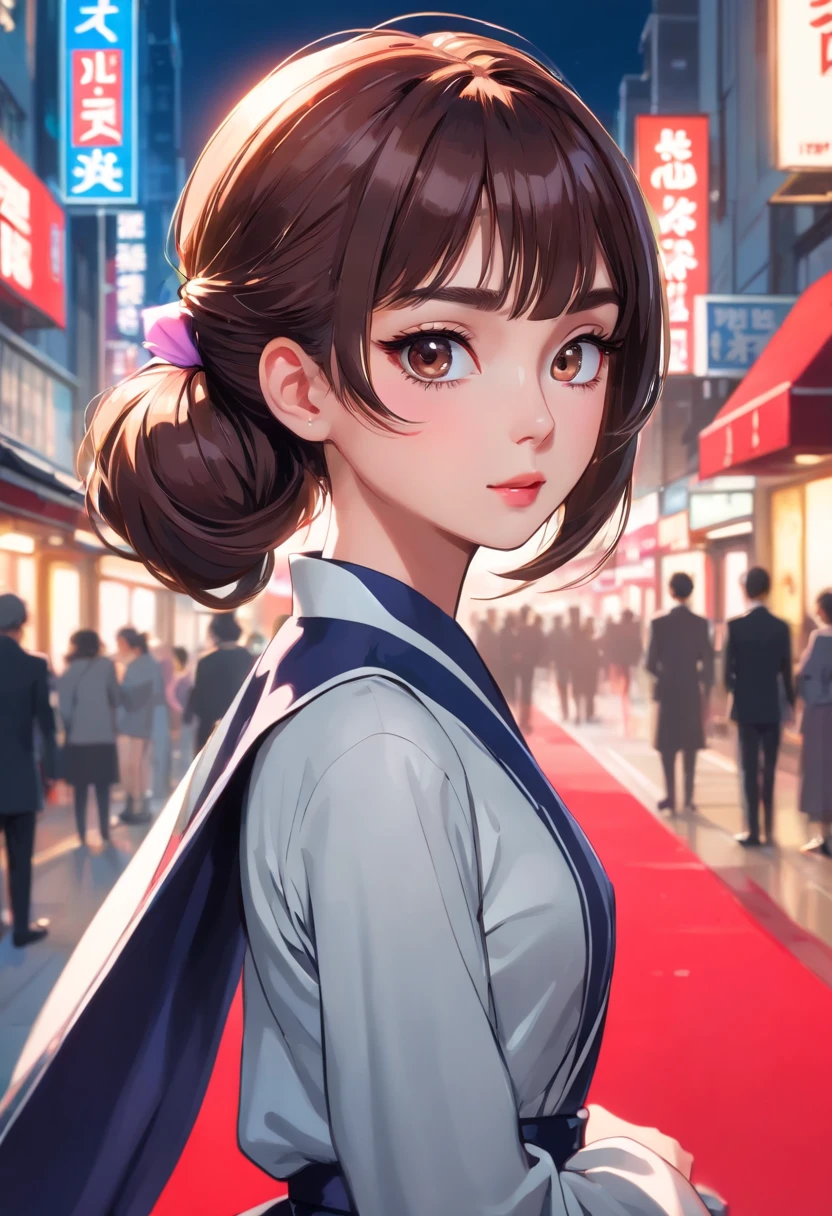 (1mecha girl:1.3, solo), (Audrey Hepburn:1.3), (a extremely pretty and beautiful Japanese woman), (sexy girl), (professional attire:1.3), (22 years old: 1.1), (walking on red carpet:1.3), (attractive random posing:1.3), (in the night royal party:1.3), (looking straight at you:1.3), (starring at you:1.3), (front view:1.3), (from side:1.3), break, (ponytail:1.3), (shiny-black thin hair:1.2), bangs, dark brown eyes, beautiful eyes, princess eyes, (big eyes:1.3), bangs, wearing a glasses:1.3, Hair between eyes, short hair:1.3, (slender:1.1), (small-medium-breasts:0.95), (thin waist: 1.15), (detailed beautiful girl: 1.4), Parted lips, Red lips, full-make-up face, (shiny skin), ((Perfect Female Body)), (upper body image:1.3), Perfect Anatomy, Perfect Proportions, (most beautiful Korean actress face:1.3, extremely cute and beautiful Japanese actress face:1.3), BREAK, (View viewer, wearing a lovely bitch cordinate, (insanely detailed cyborg bodysuit:1.3), (blue cyborg armor:1.3), (pin-heels:1.3), detailed clothes, BREAK, (detailed royal night party background:1.2), (dark background), (Studio soft lighting: 1.3), (fake lights: 1.3), (backlight: 1.3), BREAK, (Realistic, Photorealistic: 1.37), (Masterpiece, Best Quality: 1.2), (Ultra High Resolution: 1.2), (RAW Photo: 1.2), (Sharp Focus: 1.3), (Face Focus: 1.2), (Ultra Detailed CG Unified 8k Wallpaper: 1.2), (Beautiful Skin: 1.2), (pale Skin: 1.3), (Hyper Sharp Focus: 1.5), (Ultra Sharp Focus: 1.5), (Beautiful pretty face: 1.3), (super detailed background, detail background: 1.3), Ultra Realistic Photo, Hyper Sharp Image, Hyper Detail Image,