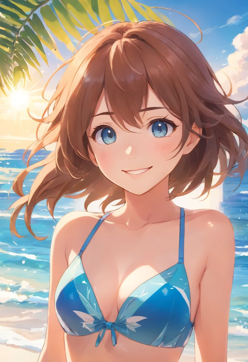 highres, ultra-detailed, 1 girl, beautiful detailed eyes, beautiful detailed lips, smile, sexy, swimmer, swimming suit, beach, seaside, sunshine, clear blue sky, sparkling ocean waves, white sand, palm trees, summer breeze, vibrant colors, glowing sunlight, gentle waves, fashionable swimwear, confident posture