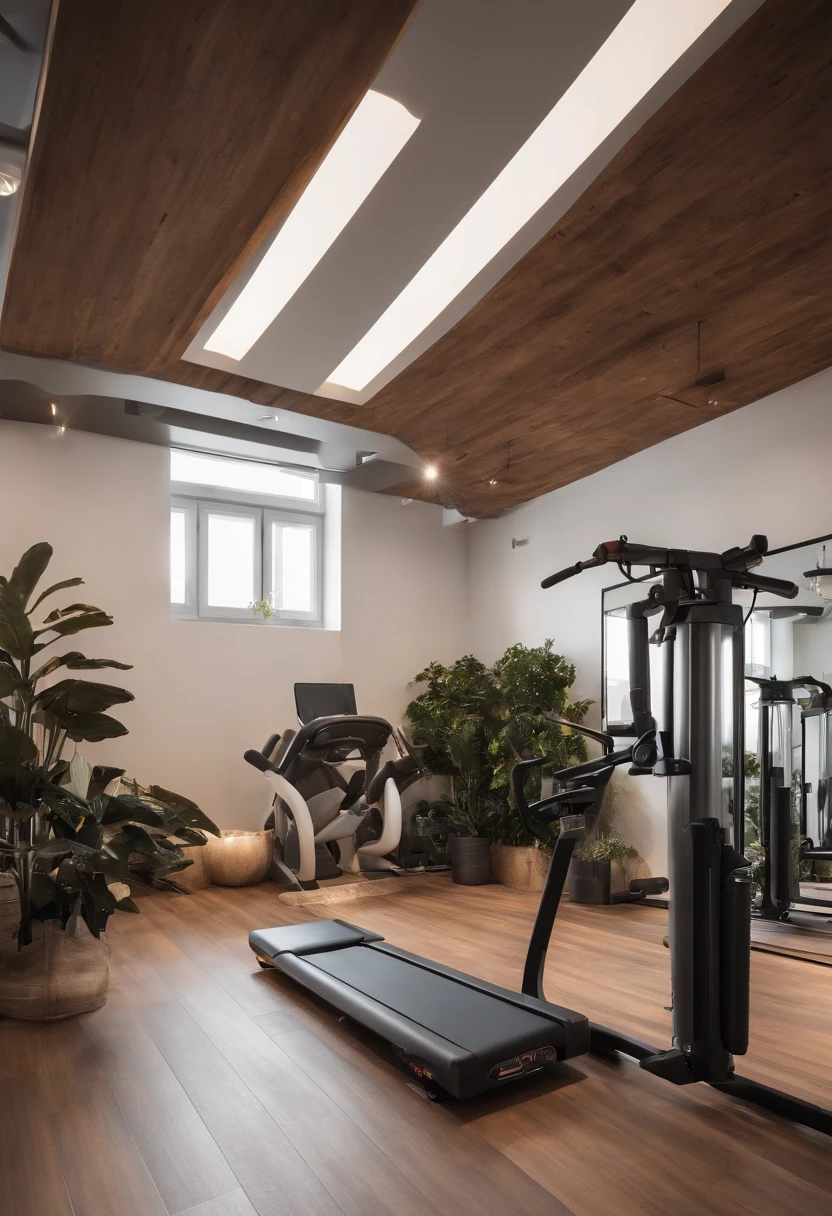 Art space，Suspended ceiling concrete，White aluminum panels for the walls，Wooden atmosphere，There are multiple fitness equipment