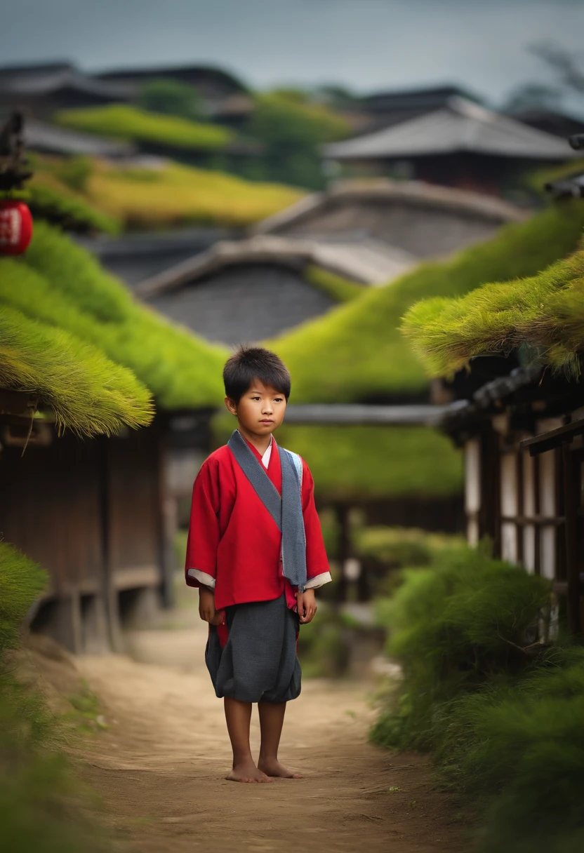 an Japanese boy, , a village background, looking straight