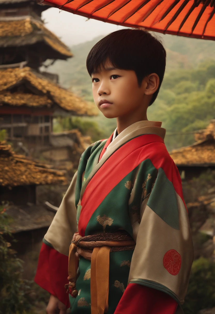 an Japanese boy, , a village background, looking straight