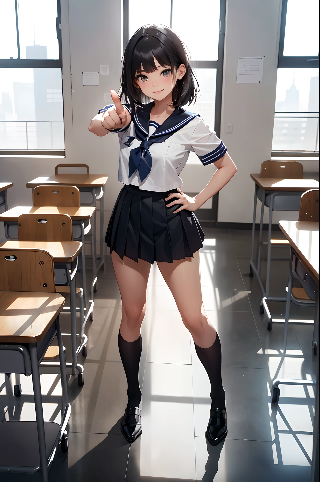 (top-quality、in 8K、32K、masterpiece、nffsw、超A high resolution、Impresionismo、Photorealsitic:1.2)、Angle from above、High angle、Colossal tits、cowboy shot, detailed faces and eyes、 Inside the classroom、Schools、Evening glow、beauitful face、blurry backround、-yeld beiful girl、shinny skin、long、Beautiful black hair、Blunt bangs、Invincible smile、Gray eyes、(Pointing with your right hand、Left hand on hip:1.2)、a sailor suit、Pleated miniskirt、Curve、Stand on one knee、Opening legs、Full of Ourselves