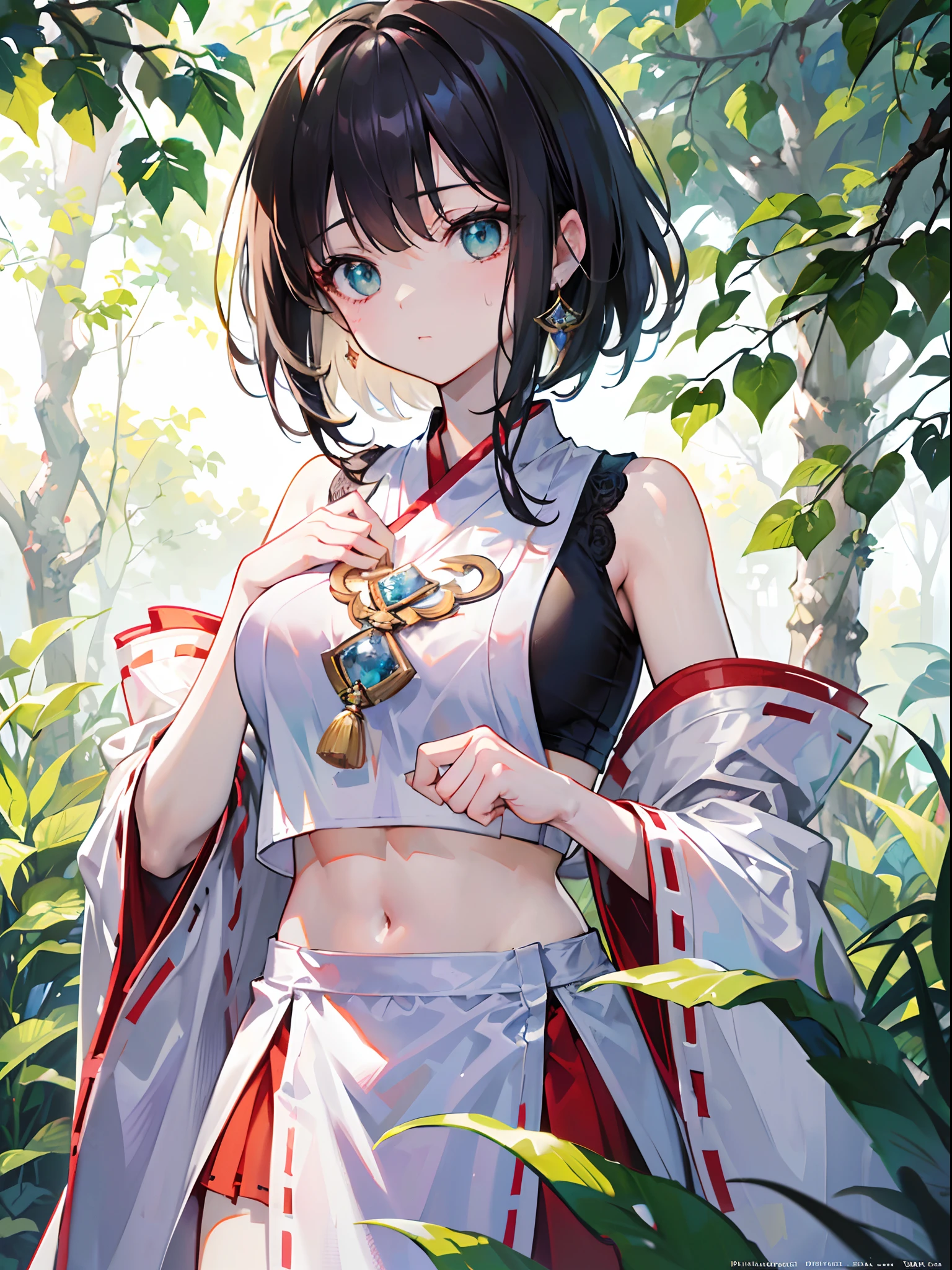 (8K, Best quality, tmasterpiece:1.2),\(eye detailed\),\(Facial features\),(\(Clothes detail details\)\),(huge tit),full bodyesbian,(Facial focus) ,Very detailed CG unity 8K wallpaper,hugefilesize,ultra - detailed,A high resolution,absurderes,beautidful eyes,Ray traching,dramatic shadow,finely detailled,Dramatic angles,Hyper-detailing,(1 girl:1.3),(Solo),Mature female,short detailed hair,(/Sister head:1.3/),brunette color hair,green-eyed,(miko:1.3)+(Crop tops:1.3),hijabi sluty,At the wrist there is a bracelet woven with green branches,Break!。in the darkness nigth, Humid Black Forest,(The roots of the tree are staggered，There are quite a few mushrooms growing：1.3),(Purple mud floor，Mycelium is everywhere：1.3),(The canopy shades the sun,Only a small amount of light shines on the earth piecemeal through the gaps between the leaves：1.3)。The atmosphere should feel oppressive，There is an image of not being angry and self-threatening,Excellent enemy characters,​master piece,8K wallpaper,Go to remove the watermark