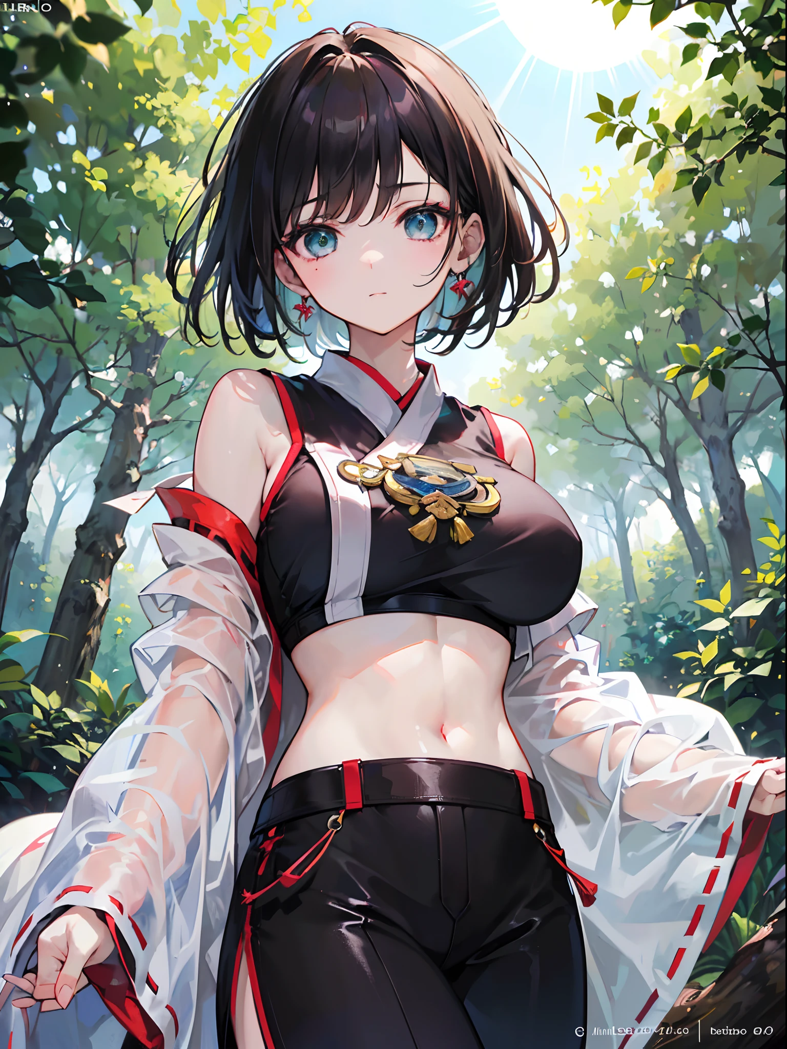 (8K, Best quality, tmasterpiece:1.2),\(eye detailed\),\(Facial features\),(\(Clothes detail details\)\),(huge tit),full bodyesbian,(Facial focus) ,Very detailed CG unity 8K wallpaper,hugefilesize,ultra - detailed,A high resolution,absurderes,beautidful eyes,Ray traching,dramatic shadow,finely detailled,Dramatic angles,Hyper-detailing,(1 girl:1.3),(Solo),Mature female,short detailed hair,(/Sister head:1.3/),brunette color hair,green-eyed,(Miko:1.3)+(Crop tops:1.3),Break!。in the darkness nigth, Humid Black Forest,(The roots of the tree are staggered,There are quite a few mushrooms growing:1.3),(Purple mud floor,Mycelium is everywhere:1.3),(The canopy shades the sun,Only a small amount of light shines on the earth piecemeal through the gaps between the leaves:1.3)。The atmosphere should feel oppressive,There is an image of not being angry and self-threatening,Excellent enemy characters,master piece,8K wallpaper,Go to remove the watermark