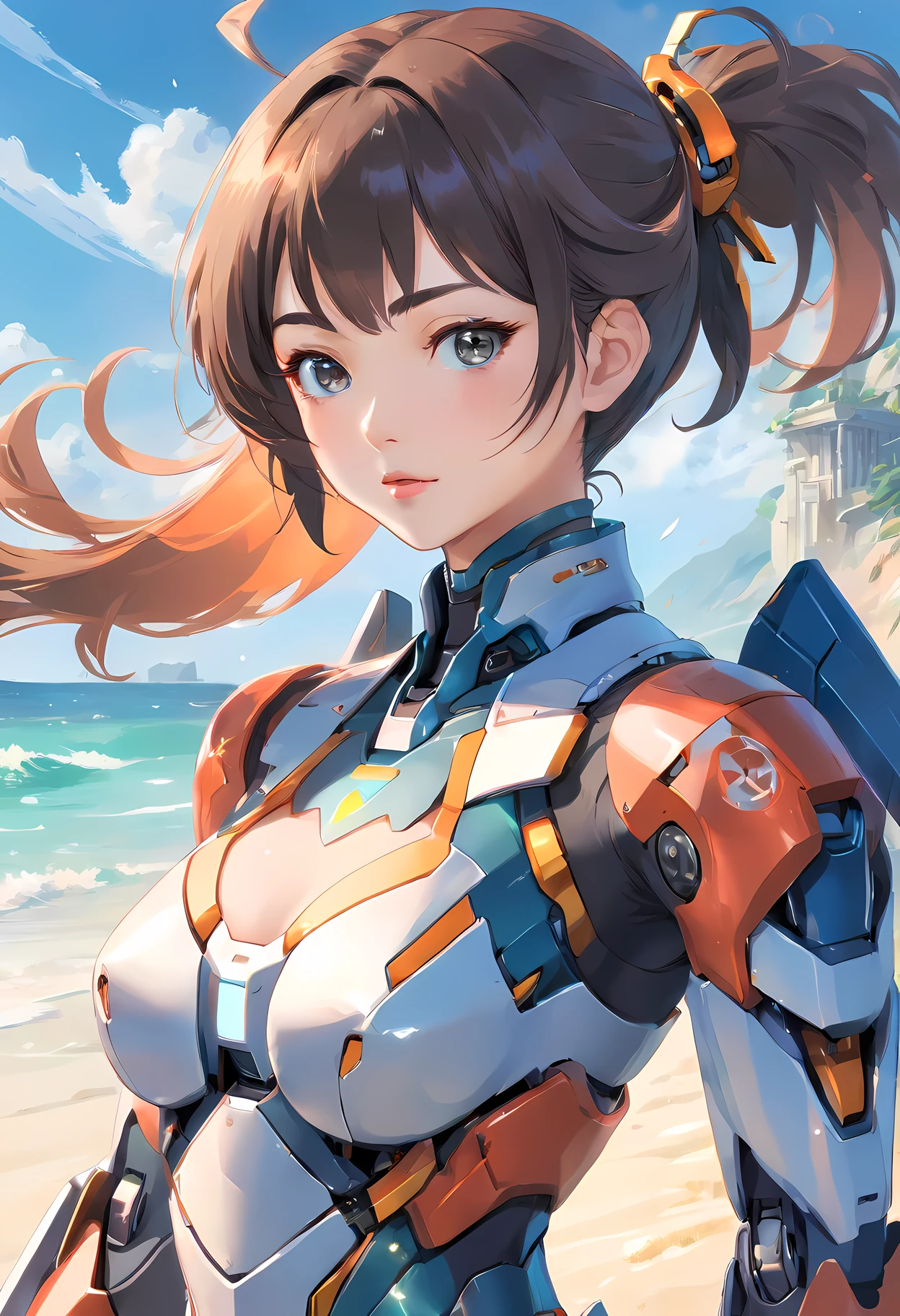 (((1mecha girl:1.3, solo))), (a bust shot of extremely pretty and beautiful milf:1.3), (22 years old: 1.1), (close bust image:1.5)), (sexy model standing pose:1.3), (arms up on head:1.3), view viewer, (Da Nang, Vietnam), (Da Nang Resort Beach:1.3), (front view:1.3), (looking straight at the viewer:1.3), close-up-photographed in a Canon EOS R5, 200mm Lens, F/2.8, break, (up-ponytail:1.3), (shiny-black thin hair:1.2), bangs, dark brown eyes, beautiful eyes, princess eyes, bangs, Hair between eyes, short hair:1.3, slender, (gigantic breasts:1.3, sagging breasts:1.3, disproportionate breasts;1.3), (thin waist: 1.3), (detailed beautiful girl: 1.4), Parted lips, Red lips, full-make-up face, (shiny skin), ((Perfect Female Body)), Perfect Anatomy, Perfect Proportions, (most beautiful Asian actress face:1.3, extremely cute and beautiful Korean idol face:1.3), (seductive emotion:1.3), (;p:1.3), BREAK, (wearing a black cyborg full-bodysuit:1.3), detailed clothes, BREAK, white sand beach, private beach, blue ocean, blue sky, cloud, BREAK, (Realistic, Photorealistic: 1.37), (Masterpiece, Best Quality: 1.2), (Ultra High Resolution: 1.2), (RAW Photo: 1.2), (Sharp Focus: 1.3), (Face Focus: 1.2), (Ultra Detailed CG Unified 8k Wallpaper: 1.2), (Beautiful Skin: 1.2), (pale Skin:1.3), (Hyper Sharp Focus: 1.5), (Ultra Sharp Focus: 1.5), (Beautiful pretty face: 1.3), (super detailed background, detail background: 1.3), Ultra Realistic Photo, Hyper Sharp Image, Hyper Detail Image,