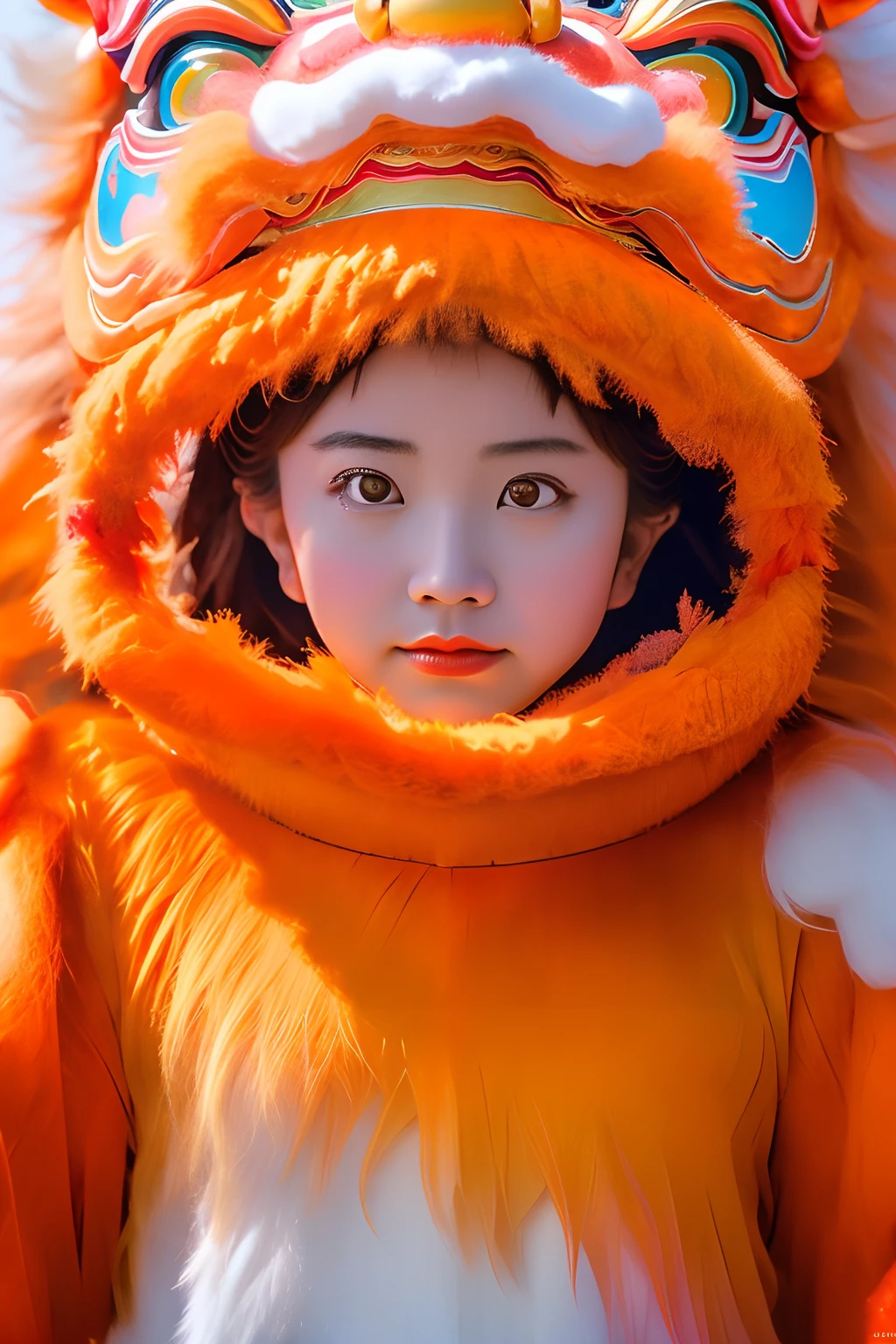 China-style，Lion dance girl，highly detailed surreal vfx，Smudge，Faraway view，super-fine，ultra - detailed，high qulity，8K ，oc rendered，dynamic viewing angle