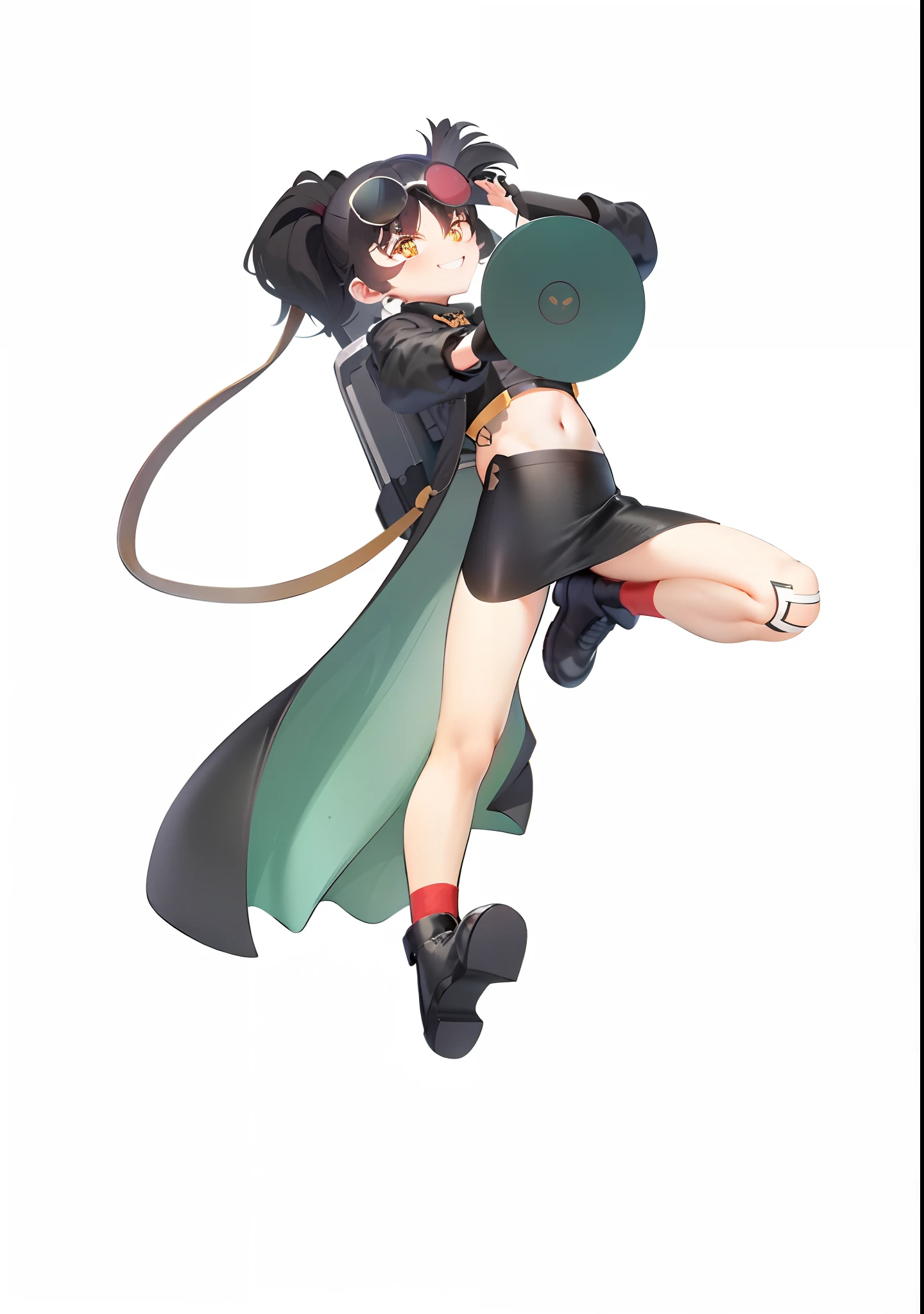 Best quality, Masterpiece, 超高分辨率, White background, , black color hair，High ponytail， Golden pupils, coat large，backpacks，Large movements，Handsome，Anime girls，leather shoes，putting makeup on，Red-green sunglasses，grinning smile