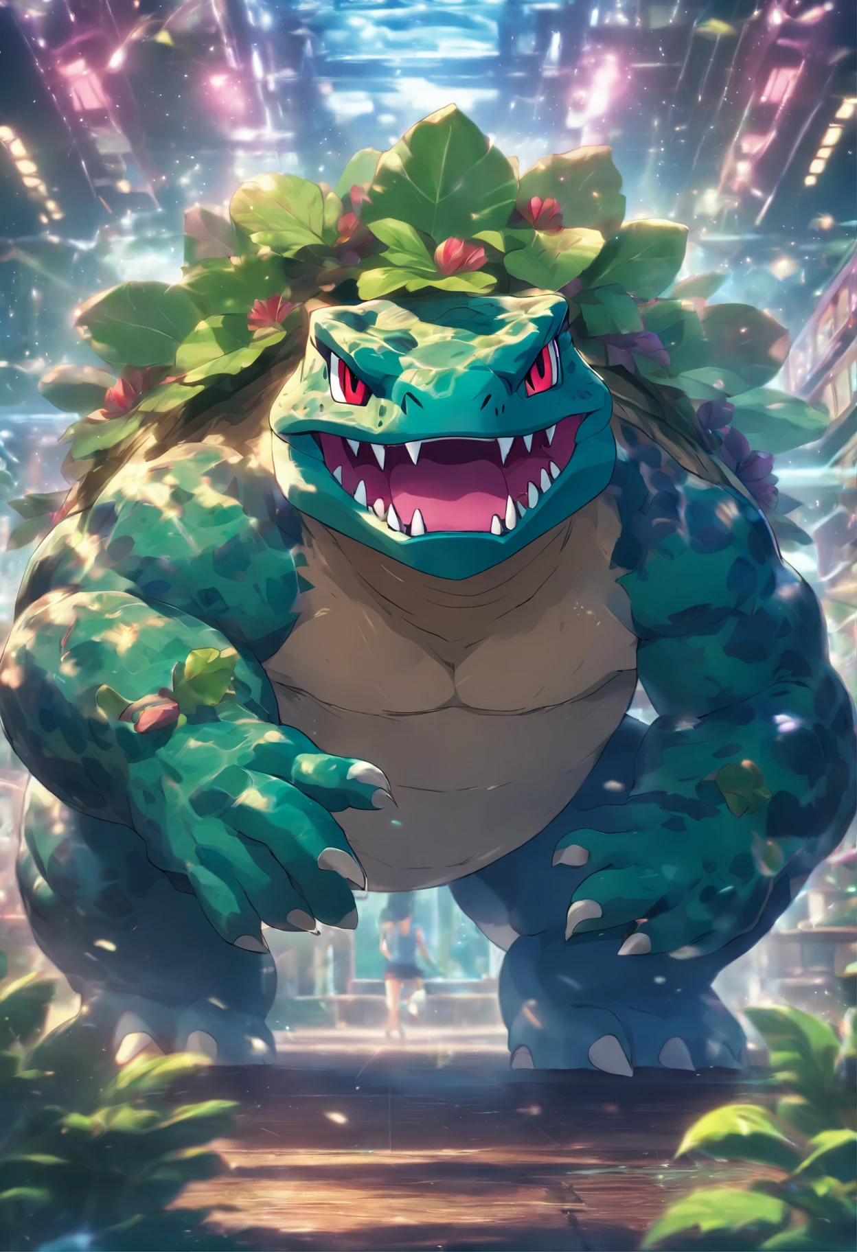Venusaur is training in bench presses,Highest image quality,Cinematic texture,A masterpiece,tmasterpiece,