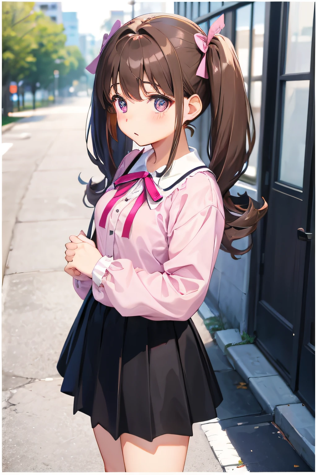 girl with、Brown hair in twin tails、Wearing a dark pink blouse with a matching ribbon on the shoulders、Wearing a black skirt