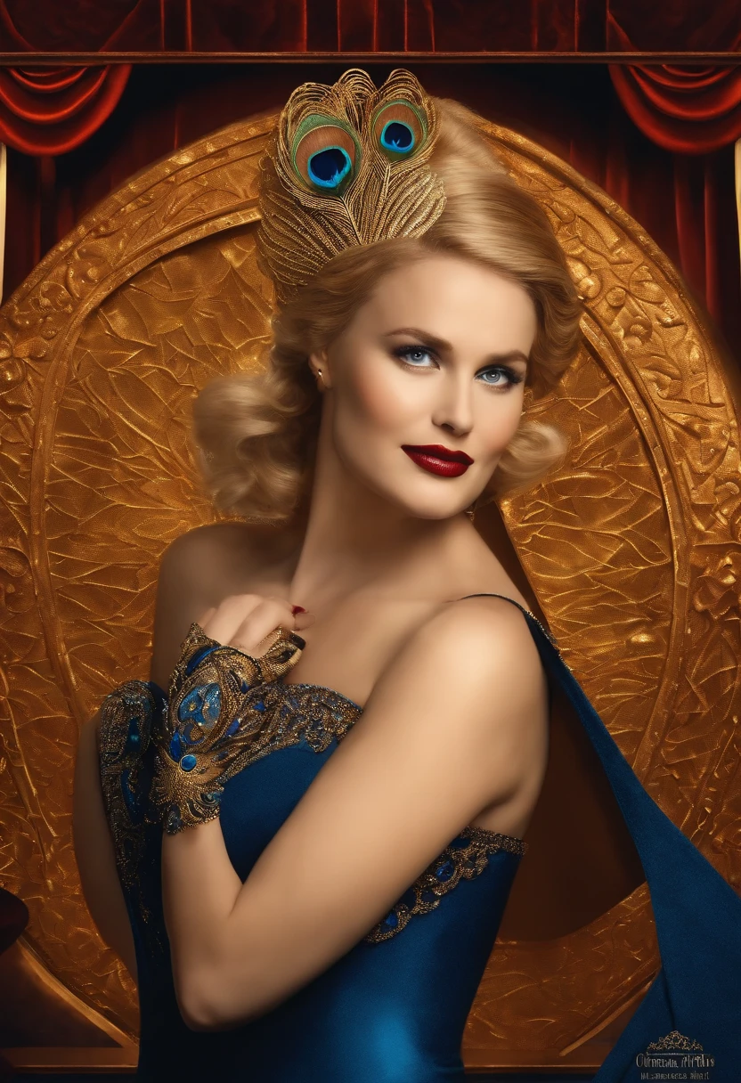 a cinematic still, filmed by guillermo del toro, a beautiful blonde women jazz singer under a spotlight with blue eyes, a peacock fan, gold beaded evening blue gown cinematic art deco theatre stage, spotlight, gold foil trim, highly detailed by Helen Dryden and Paula Scher and Klimt