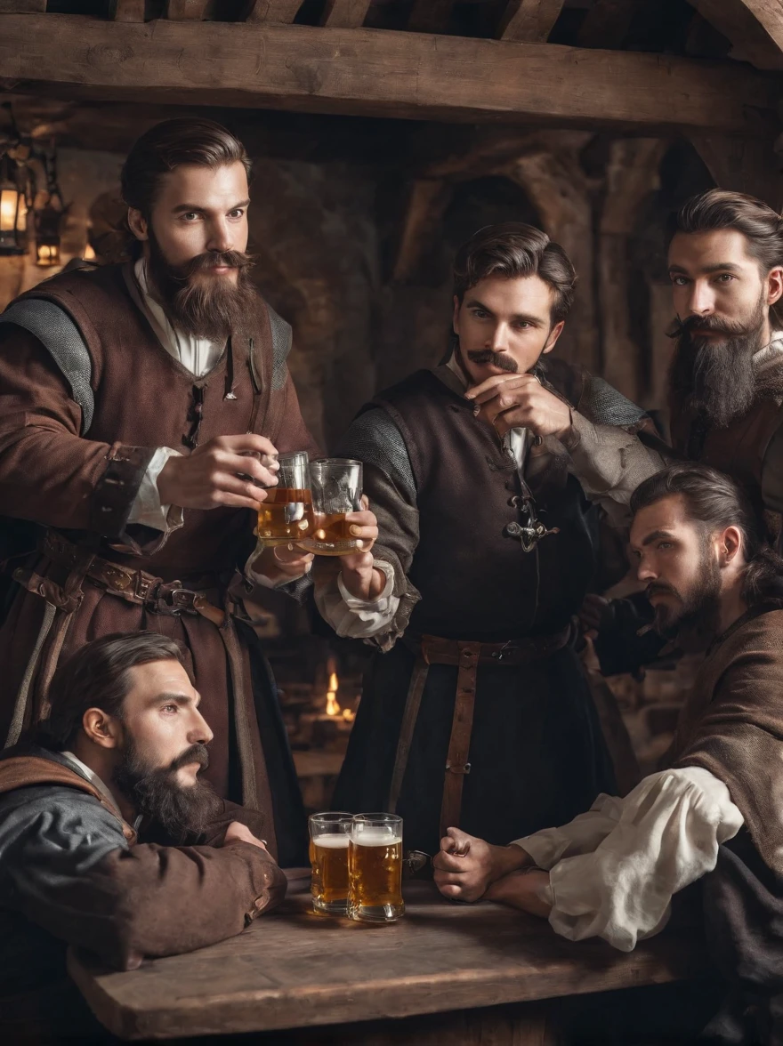A group of bearded and mustachioed men in medieval Europe drinking beer in a tavern, long shot, 8k resolution , masterpiece