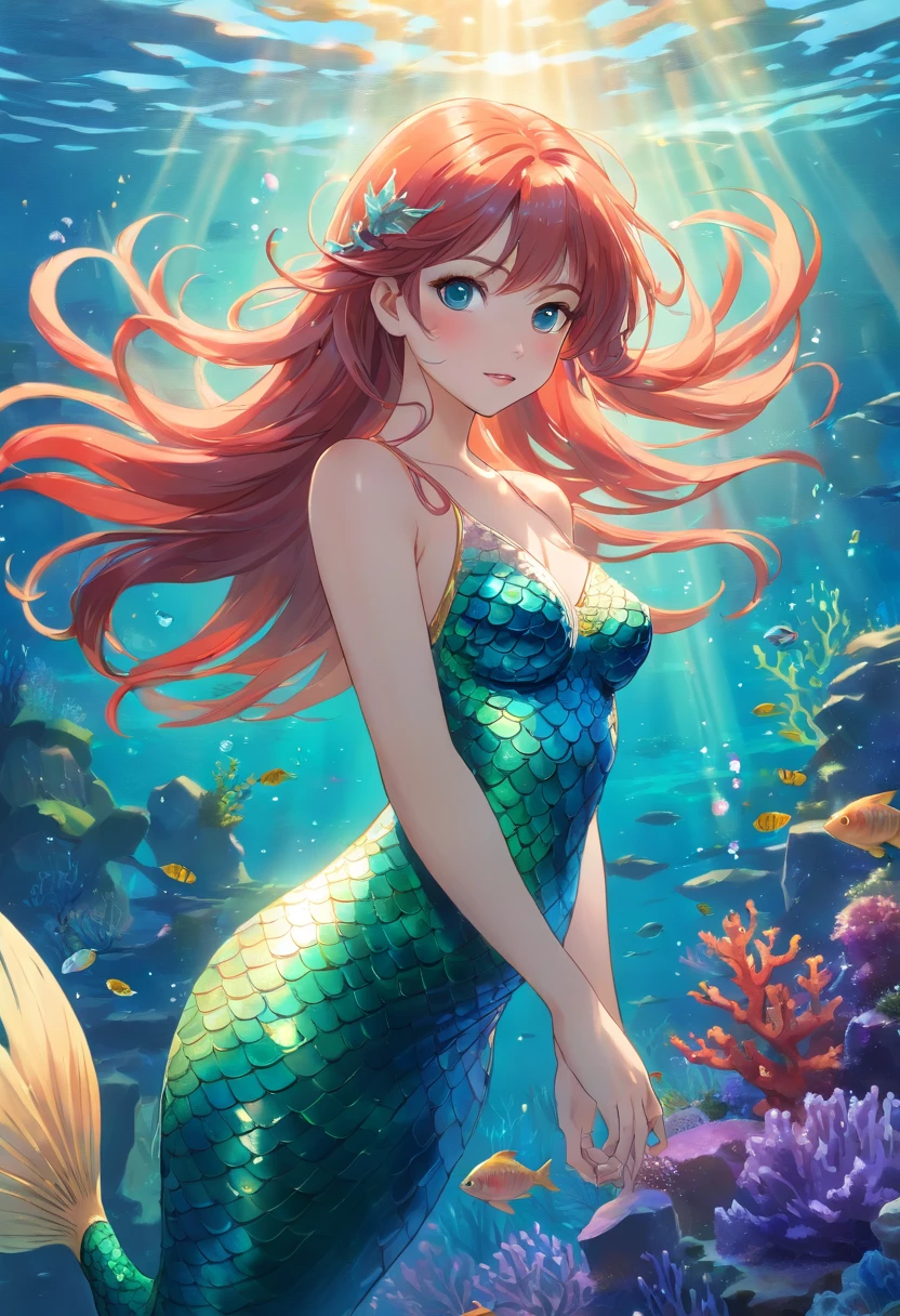 (best quality,4k,8k,highres,masterpiece:1.2),ultra-detailed,(realistic,photorealistic,photo-realistic:1.37),illustration,mermaid,fantasy,blue-green color palette | a beautiful girl with long, flowing red hair, sparkling detailed eyes, and luscious lips, transforming into a mesmerizing mermaid underwater in the vast sea. The underwater scene is filled with vibrant colors, showcasing the enchanting beauty of the ocean. The mermaid gracefully swims, surrounded by coral reefs, schools of exotic fish, and swaying sea plants. Sunlight streams through the water, casting a magical glow on the mermaid's iridescent scales. The whole image is filled with a sense of wonder and mystery, evoking the captivating allure of the mythical mermaid.