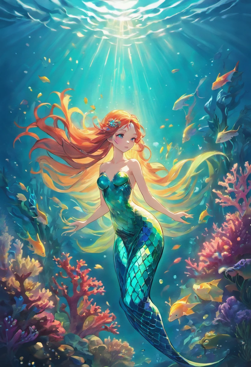 mermaid with red hair swimming in the ocean with corals, a picture by Drew Tucker, pixabay contest winner, renaissance, mermaid, beautiful mermaid, emma watson as a mermaid, emma watson as sea mermaid, little mermaid, ariana grande as a mermaid, ariel the little mermaid, portrait of mermaid, a mermaid in the sea, the little mermaid, mermaid tail, mermaid body
