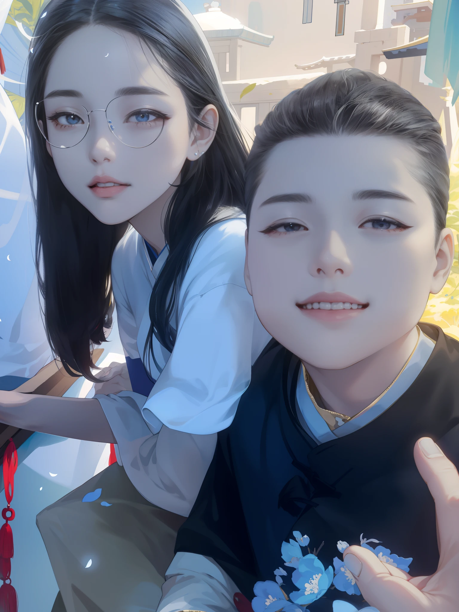 A young couple sits on a chair with an endless ocean in the background. The boy put his left arm around the girl's shoulder and took a selfie with his mobile phone in his right hand, smiling and looking at the girl. The girl snuggled softly into the boy's arms, gently put her hands on the boy's waist, and smiled at the mobile phone. The faces of the two people were close, and their eyes looked at each other, full of love and intimacy.
The boy wears a gray short-sleeved t-shirt and dark blue shorts, and the girl wears a printed short-sleeved t-shirt and white skirt. Their hair is blown by the breeze, which makes it look very comfortable and natural. The blue sky and white clouds, the sparkling sea, and the image of two young couples reflect each other, forming a very beautiful and romantic scene