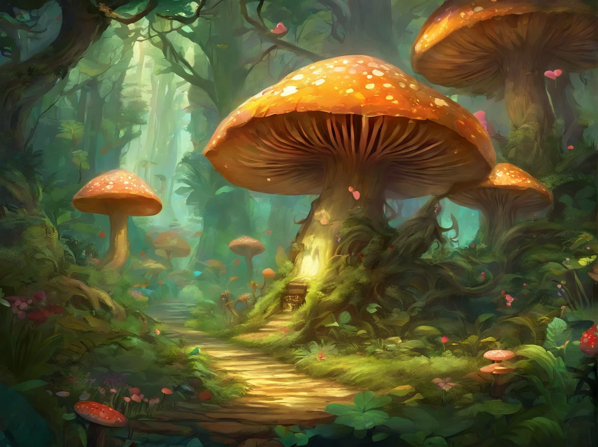 cogumelo trippy,Mushroom forest,Fantastic effect,Rainforest woods,a plant,(Masterpiece, Best quality), Intricate details, 8K, art stations, offcial art, Splash Art, Sharp focus,,