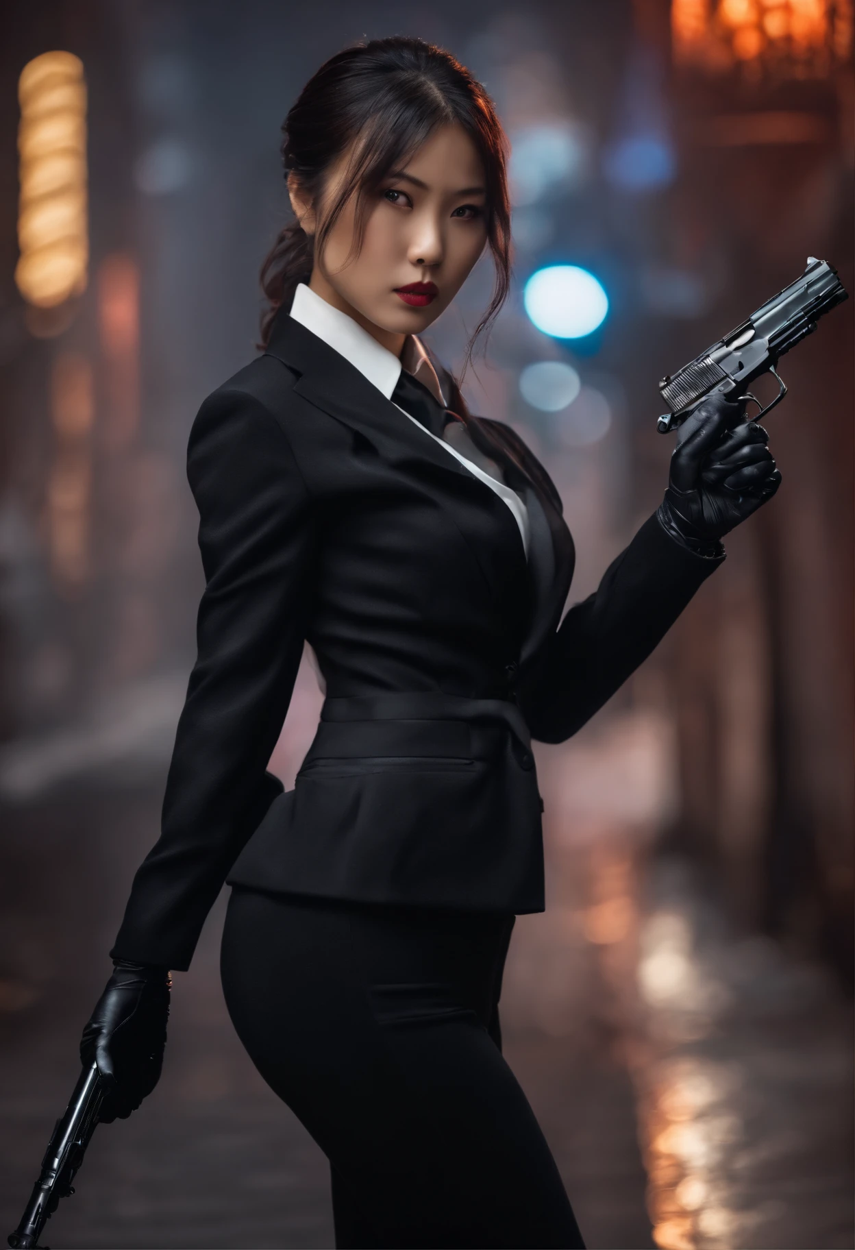 A Japanese girl in a black suit holding a gun with both hands in black leather gloves