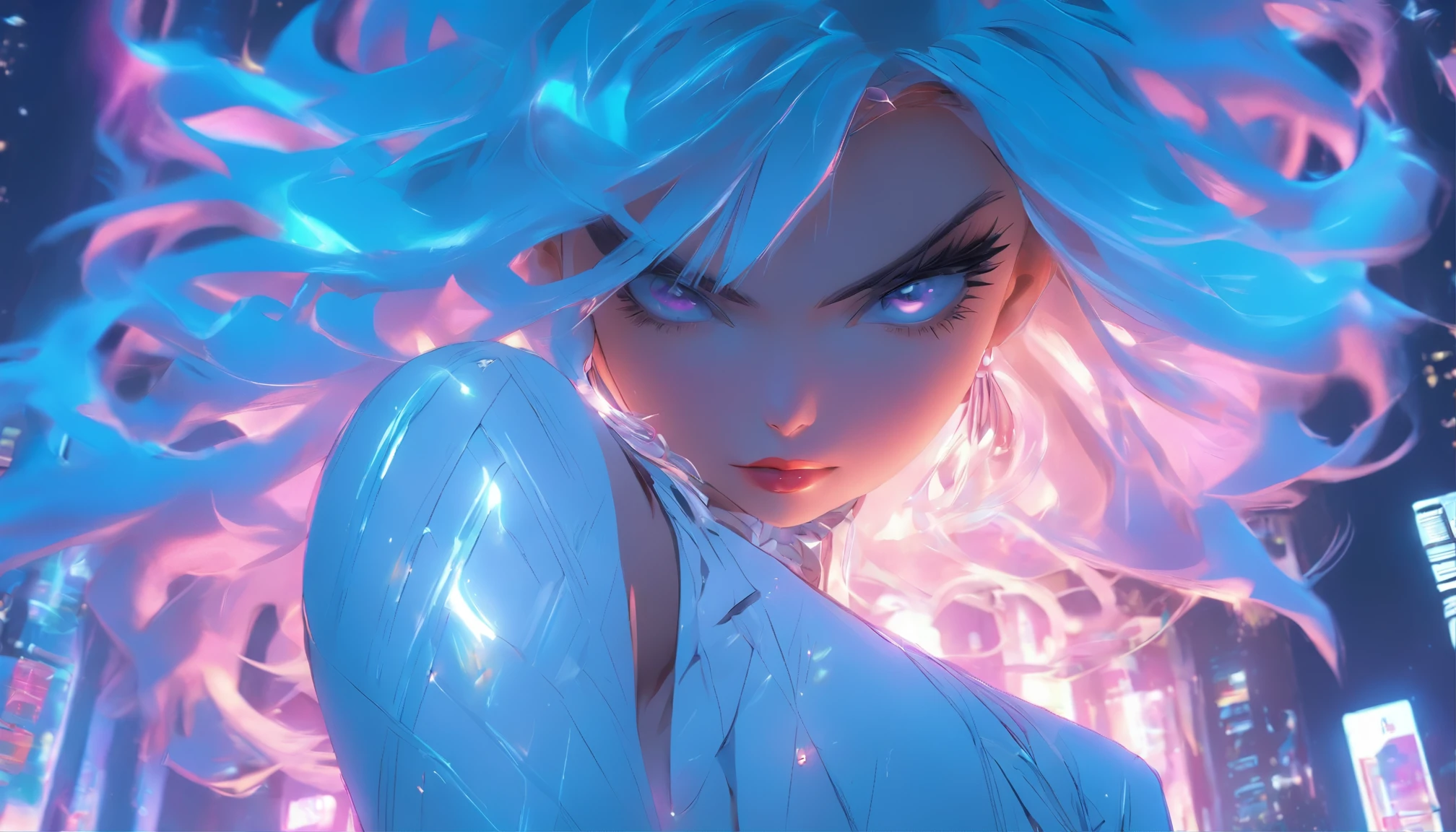 Masterpiece, Highest quality, (solofocus), (Perfect face:1.1), (High detail:1.1),Dramatic, 1人, (Pale skin), Long white hair, White eyes, [Light eyebrows], Solo, Long hair, Moon, Night, white luxury suit, covered navel, pouty lips, Covered, Futuristic city, Detailed background, Art by Artgerm and Greg Rutkowski, Cinematic lighting, rosette, Fashion, BalenciagaStyle