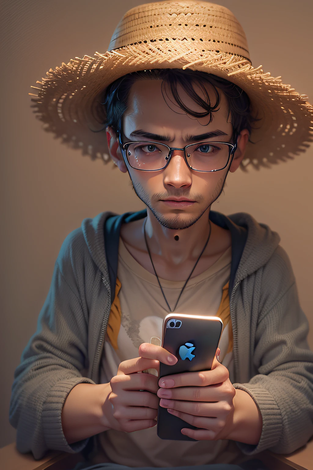 A lazy programmer,Holding an iPhone 6 plus in a straw hat,thin hair