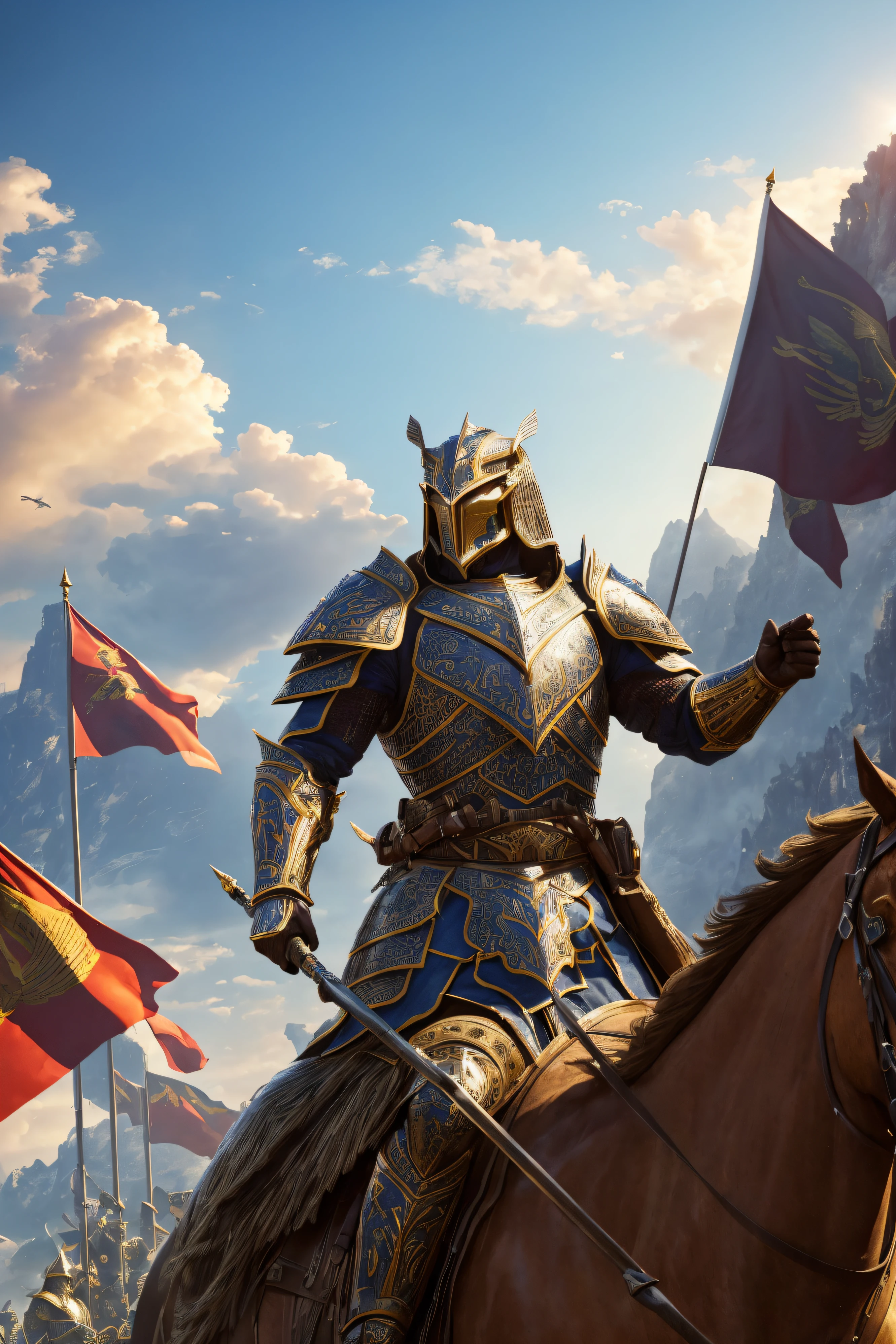 (best quality,4k,8k,highres,masterpiece:1.2),ultra-detailed,physically-based rendering,sharp focus,professional,vivid colors,bokeh,warriors,beautiful detailed armor,general,garden,castle,fierce,authoritative,strong,confident,detailed facial features,intense expression,glowing eyes,decorative armor,crowd,speech,dynamic pose,commanding presence,grand landscape,proud standing,impressive background,majestic scenery,flags waving,banners,flying birds,sunlight streaming,impressive lighting,masterpiece scenery,rich textures,historical,heroic figure,spectacular visual,perfectly poised,armored warriors,attention to detail,warrior spirit,valor,glorious moment,waving banners.