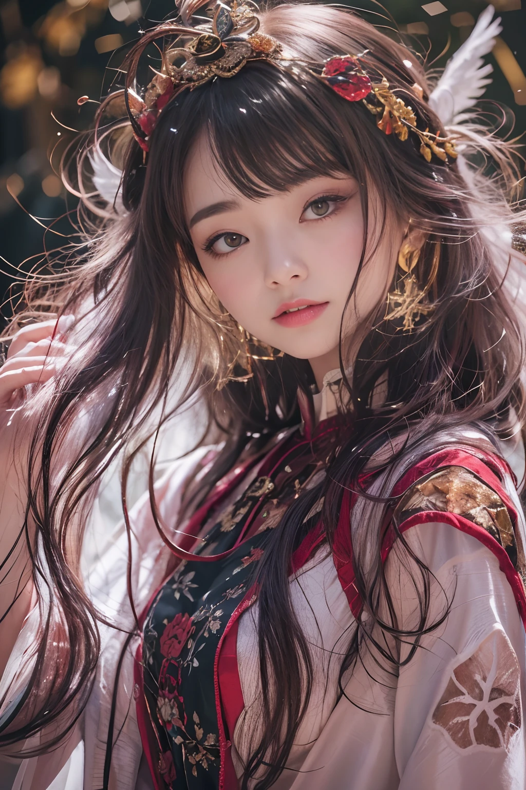 32K gradient glass texture（tmasterpiece，k hd，hyper HD，32K）Short burgundy hair，Short flowing hair，Onsen District，Flame Girl ，Yao Lang protector （realisticlying：1.4），Python pattern robe，Black gold master Kawashima work headdress，Snowflakes fluttering，The background is pure，Hold your head high，Be proud，The nostrils look at people， A high resolution， the detail， RAW photogr， Sharp Re， Nikon D850 Film Stock Photo by Jefferies Lee 4 Kodak Portra 400 Camera F1.6 shots, Rich colors, ultra-realistic vivid textures, Dramatic lighting, Unreal Engine Art Station Trend, cinestir 800，Hold your head high，Be proud，The nostrils look at people，Short burgundy hair