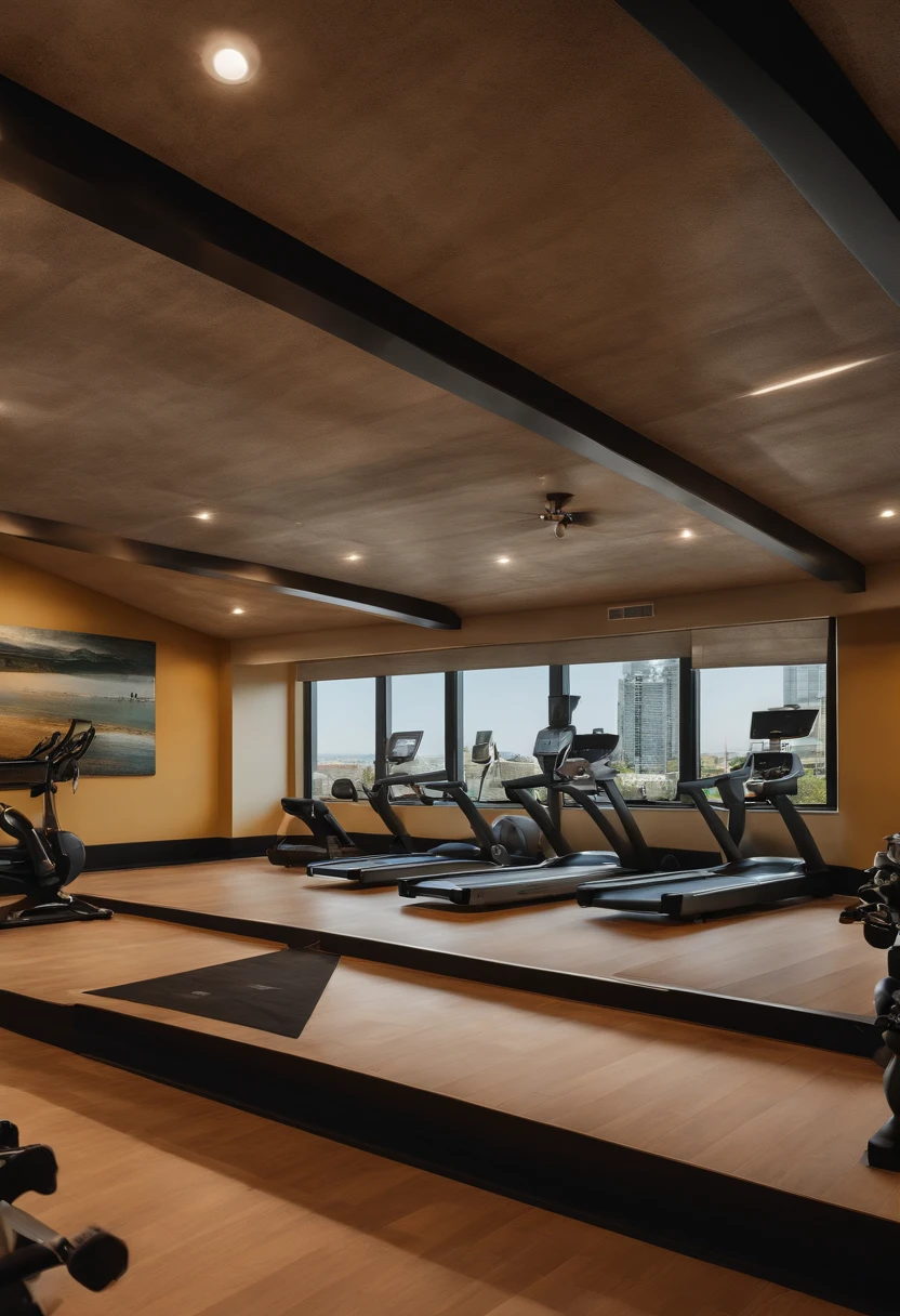 Art space，Suspended ceiling concrete，European style wainscoting，There is a variety of fitness equipment，River view from the window