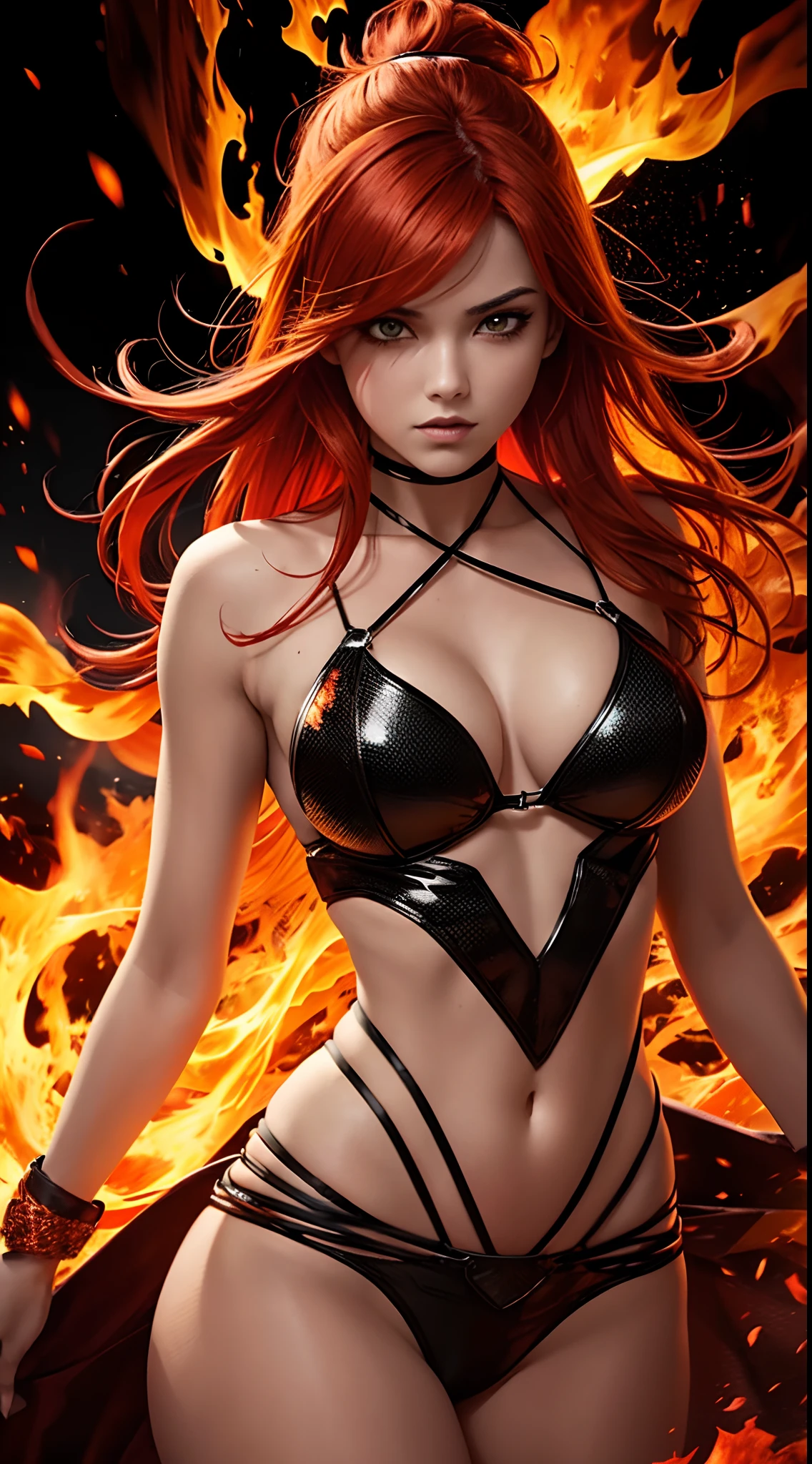 Girl playing with fire, ablaze with intensity, Glowing embers, Swirling smoke, Mesmerizing action, Flowing red hair, sparks flying, Fearless expression, Dark background, Intense lighting, Fiery atmosphere, dynamicposes, Dangerous beauty, Fascinating energy, Burning passion, Thrilling suspense, intense heat, Scorching flame, dramatic contrast, Smoky veil, fiery glow, Enchanting dance, Strong presence, Flashing shadows, Fiery artwork, Vibrant colors, blazing infero, Hypnotic flame, daring adventure, Her eyes shone with a blazing light, Heat waves, Glowing embers fall, Exhilarating performance, Blazing sparks in the night, adrenaline rush, Radiant warmth, Breathtaking spectacle, Raw intensity, Fiery passion is unleashed.