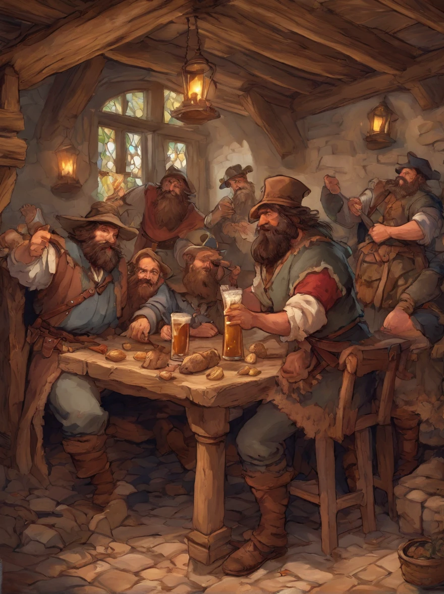 A group of bearded and mustachioed men in medieval Europe drinking beer in a tavern, long shot, 8k resolution , masterpiece