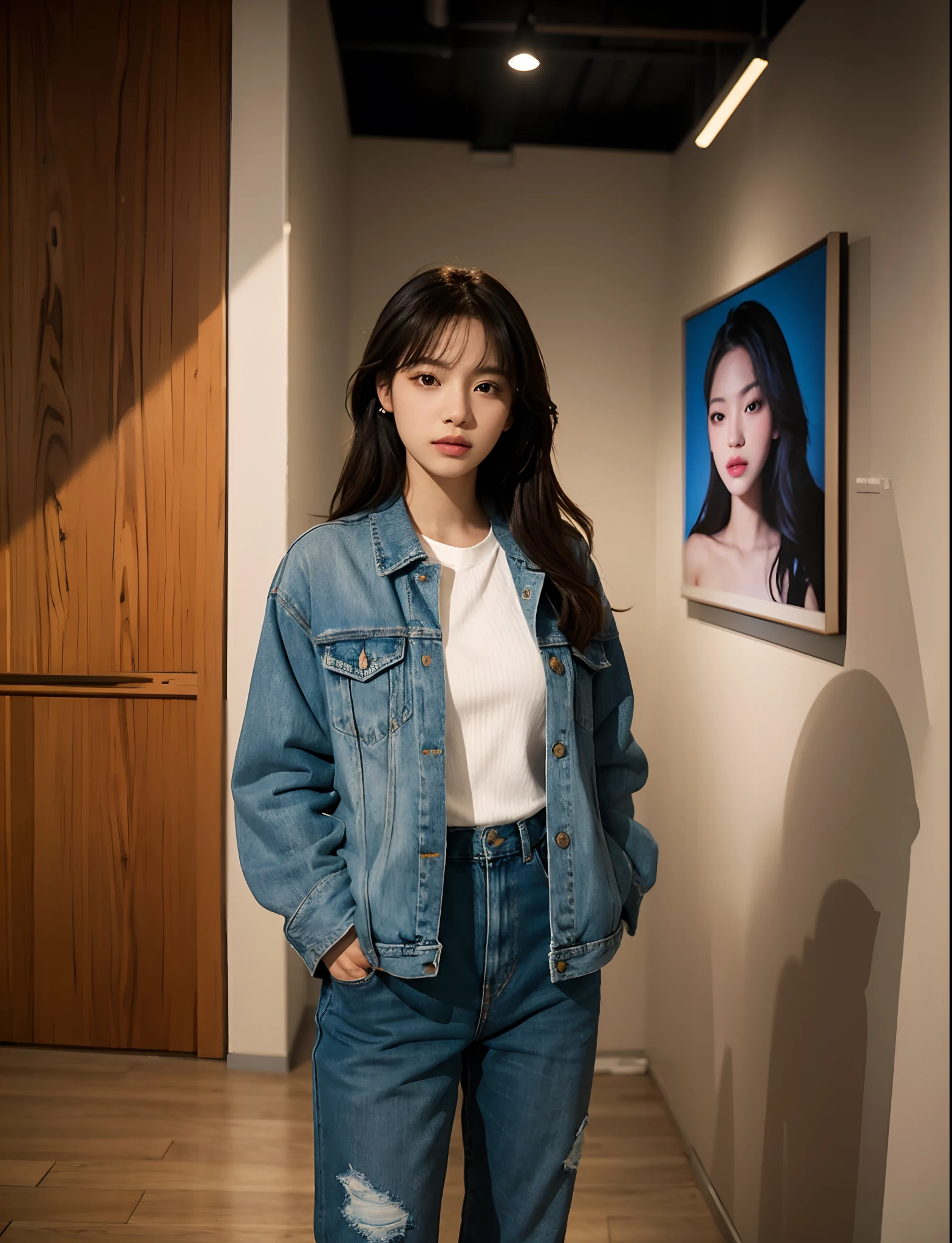 woman standing in front of a wall with pictures of a woman, shot on canon eos r 5, shot on canon eos r5, casual photography, in an art gallery], taken with canon eos 5 d mark iv, masterpiece work of art, portrait of jossi of blackpink, official store photo, inspired by Kim Jeong-hui, framed in image, wearing a jeans jackets