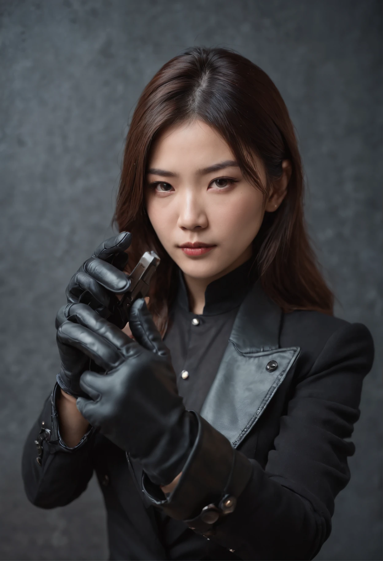 A Japanese girl in a black suit holding a gun with both hands in black leather gloves