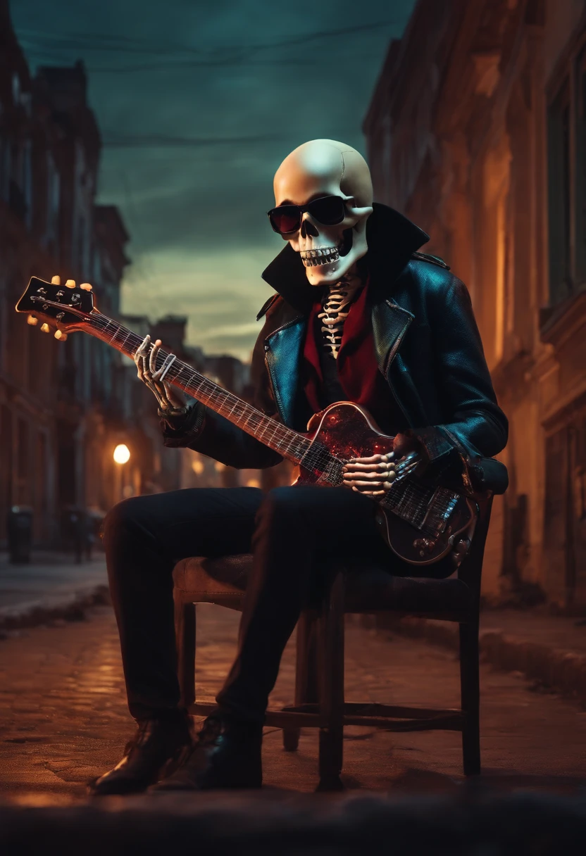skeleton in sunglasses playing electric guitar, Ao fundo, A shadowy city with low lights and vampire dogs