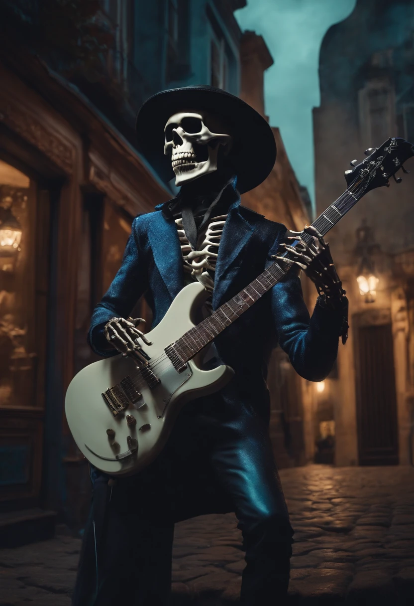 skeleton in sunglasses playing electric guitar, Ao fundo, A shadowy city with low lights and vampire dogs