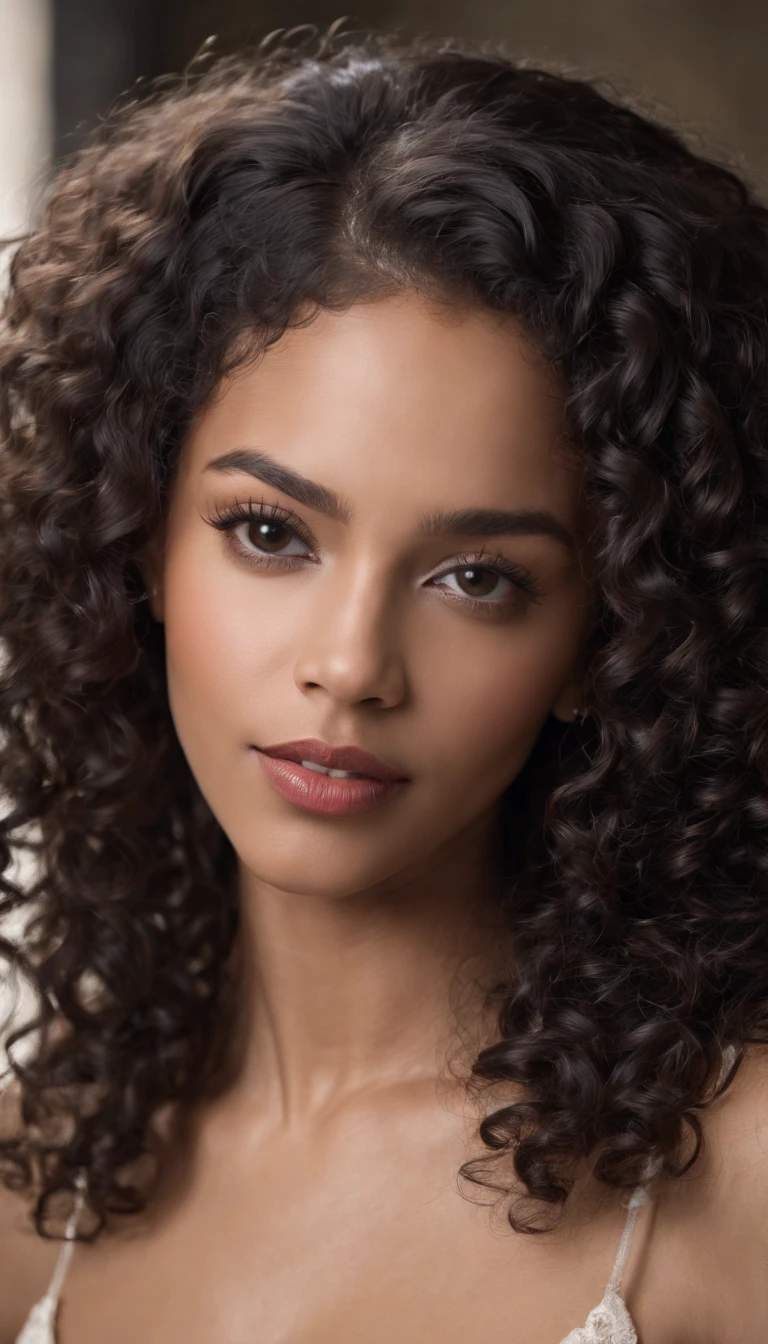 A beautiful and amazing black Brazilian woman,portrait of upper body,Free curls, Black curly hair, (dark shorter curly hair), Wild black long curly hair, multiversal hair, Brazilian, Short black curly hair, Curly black hair, Curls, wavy hair spread out, Baroque curls, curlies, curly, Fair curly hair, Hair texture, curly bang