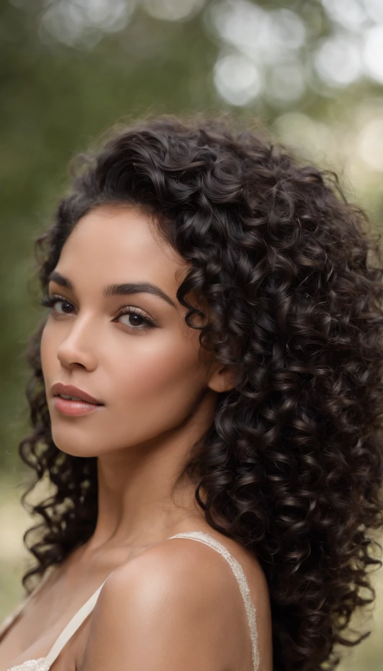 A beautiful and amazing black Brazilian woman,portrait of upper body,Free curls, Black curly hair, (dark shorter curly hair), Wild black long curly hair, multiversal hair, Brazilian, Short black curly hair, Curly black hair, Curls, wavy hair spread out, Baroque curls, curlies, curly, Fair curly hair, Hair texture, curly bang