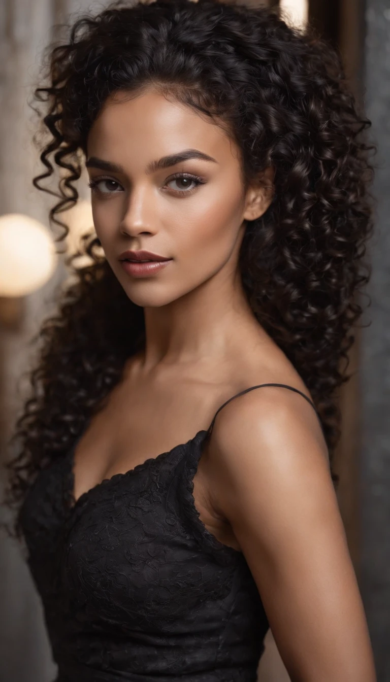 A woman with long curly hair wearing a black dress - SeaArt AI
