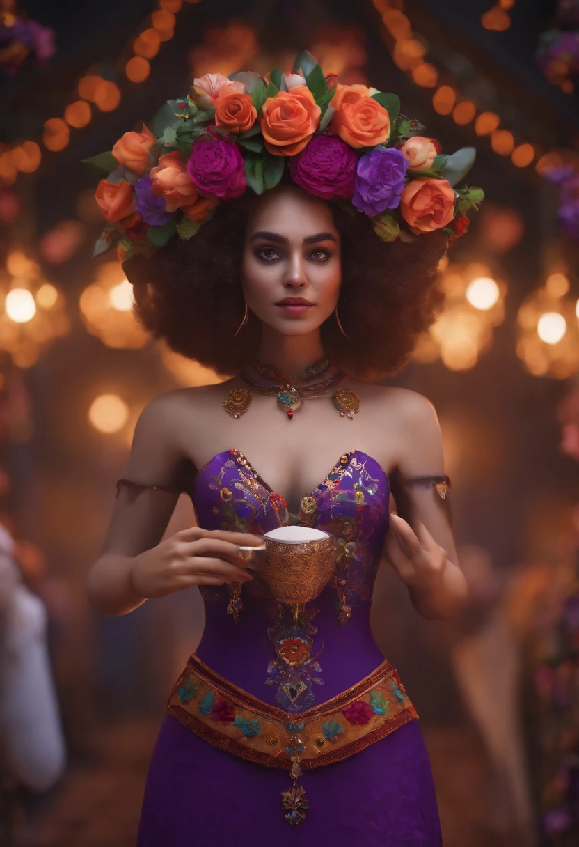3d model of a girl with a sugar skull head, in the style of inventive character designs, close-up intensity, animated gifs, made of flowers, mexican muralism, playstation 5 screenshot, dark violet and white --ar 69:128 --s 750 --v 5.2
