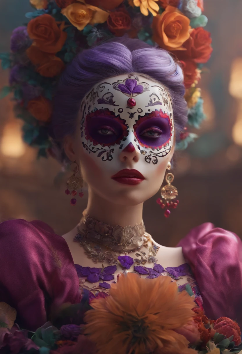3d model of a girl with a sugar skull head, in the style of inventive character designs, close-up intensity, animated gifs, made of flowers, mexican muralism, playstation 5 screenshot, dark violet and white --ar 69:128 --s 750 --v 5.2