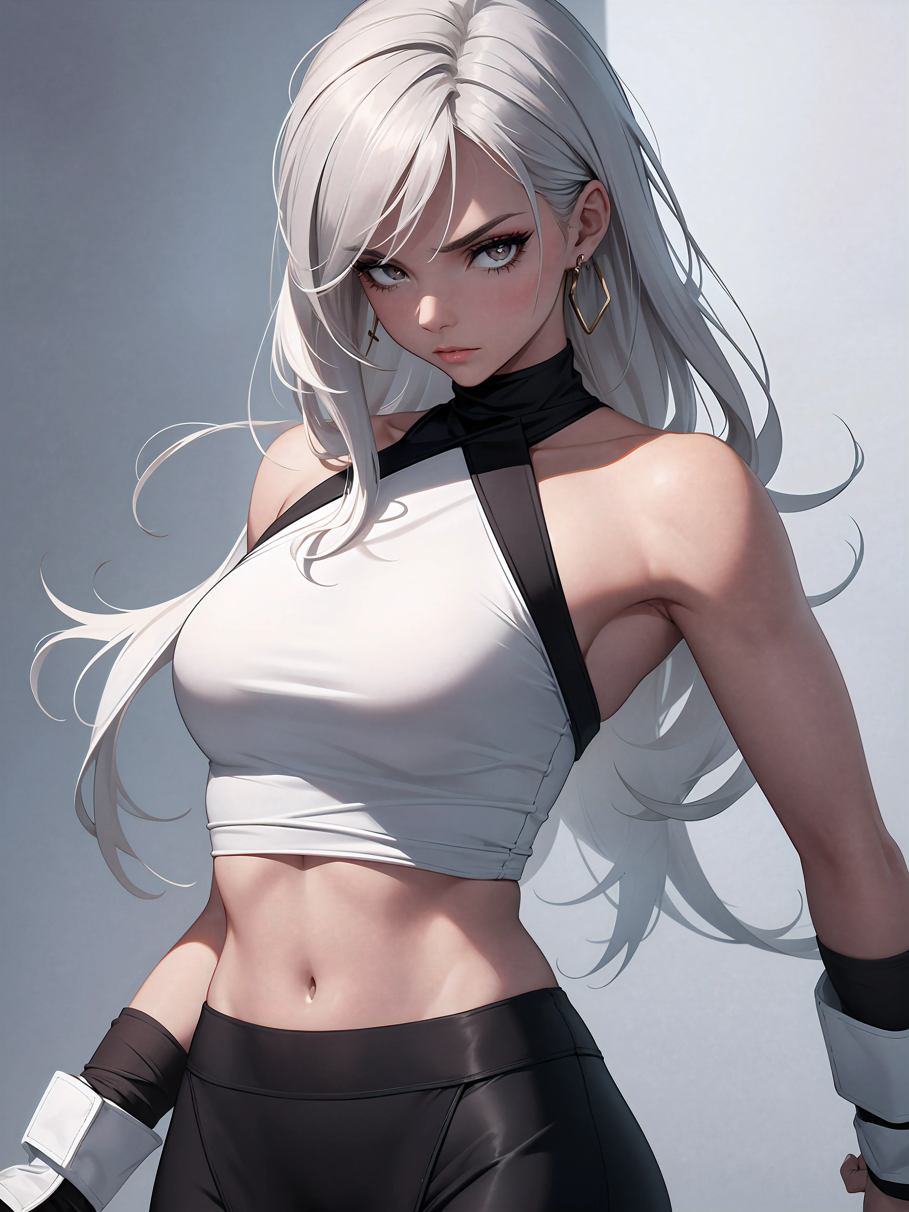 (lifelike, high - resolution:1.3), 1 girl with a perfect body,slender body, Super fine face and eyes,assasin, dark makeup, shiny skin,white hair, Tank top of random colors:1.2, short jeans,Expose cleavage