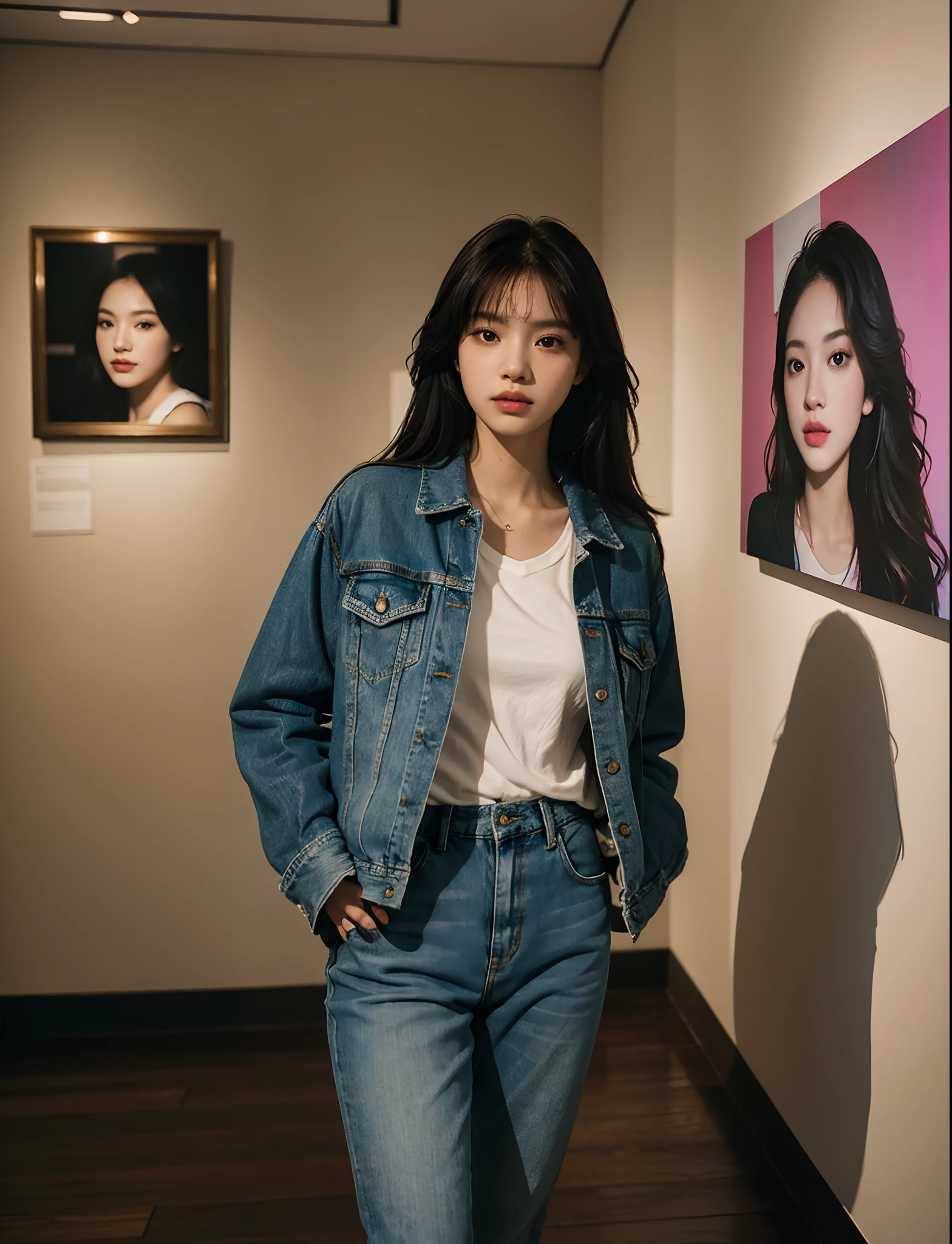woman standing in front of a wall with pictures of a woman, shot on canon eos r 5, shot on canon eos r5, casual photography, in an art gallery], taken with canon eos 5 d mark iv, masterpiece work of art, portrait of jossi of blackpink, official store photo, inspired by Kim Jeong-hui, framed in image, wearing a jeans jackets