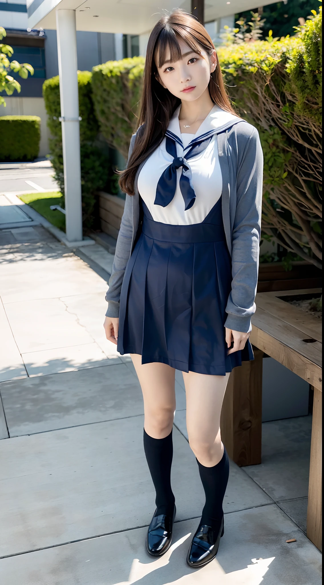 mix4, (16 K, Raw photography, Top image quality, masterpiece: 1.45), (realisitic, Photorealsitic: 1.37), one girls, 7.5, etc、Random hairstyle、Standing figure,Noon time slot、a very cute,a park,, profetional lighting, photon maping、physically-based renderingt, Gradient dark brown hair,, a handsome, Well-groomed and beautiful eyes、Large double eyelids、Very shiny、girl with, (((White long sleeve sailor suit worn by Japan high school girl、Dark blue collar、Dark blue mini skirt, Small gray beret、Dark blue knee-high socks、Black loafers))), Top Quality Photos, hight resolution, 1080p, (clearface), (Detailed face description), (Detailed hand description), (masterpiece), (Exquisite CG)、extreme light and shadows、dishevled hair、master work、abundant detail、(Fine facial features)、(top quality photo)、(masuter piece)、(A detailed eye)、Look in front of you、Fine clavicle、((Slender big))、(((Japan girl in long-sleeved sailor suit:0.7)))、((Ready Idol System))、((a park、Slide、The fountain、swing、seesaw))、(Shooting from random perspectives)、(((neat and cute)))、耳Nipple Ring、A big smile、Drawing the whole body from the knees、Do not draw nasolabial folds、(((Long-sleeved sailor suit)))、(Big breasts that hang down big:1.2)、Big buttocks with tension、Two arms and two legs、(((from the front side:0.5)))、bare hand、No mask、