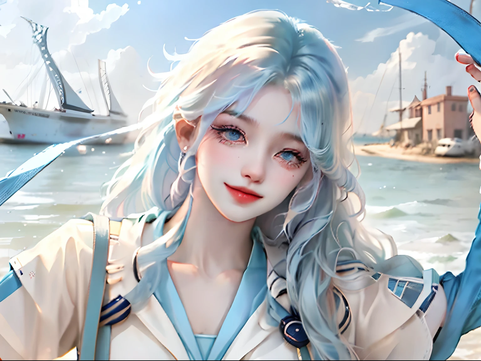 A young girl with aqua blue hair,The hair is turned upside down,Has navy blue eyes,Wearing a sailor suit,Look forward and smile